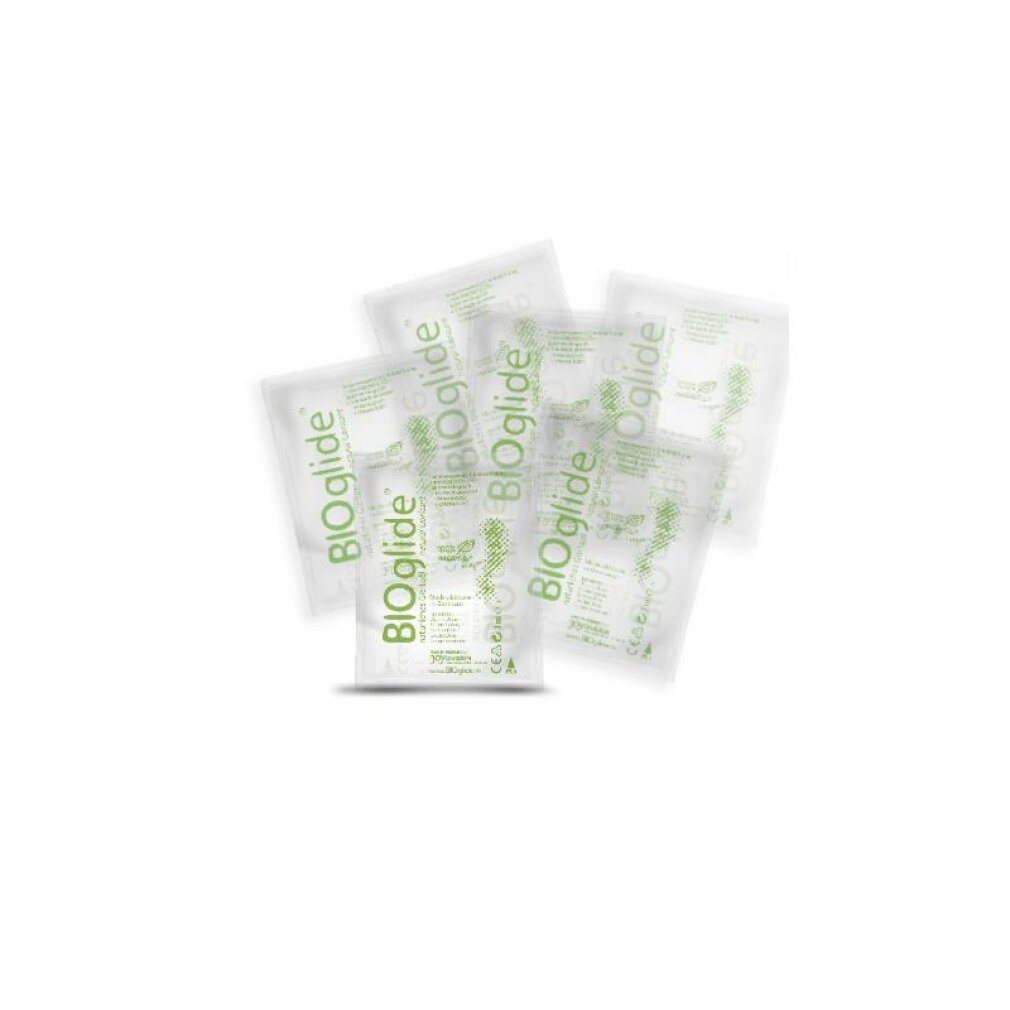 Mehrere BIOglide-Gleitmittelpackungen sind auf weißem Hintergrund angeordnet. Jedes Päckchen hat grünen Text und Design.