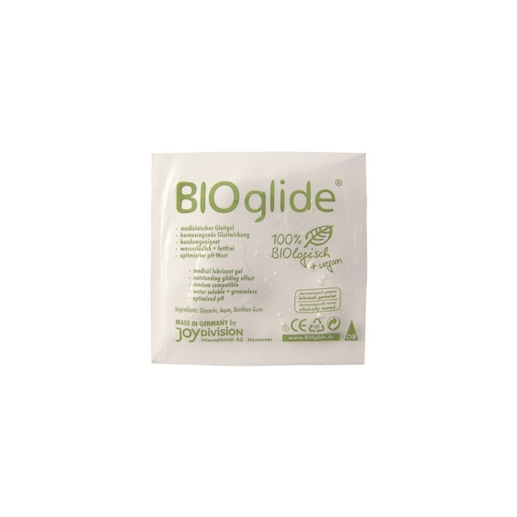 Eine weiße Packung BioGlide Gleitgel mit grünem Text und einem Blattlogo. Der Text enthält Produktdetails und Zertifizierungen.