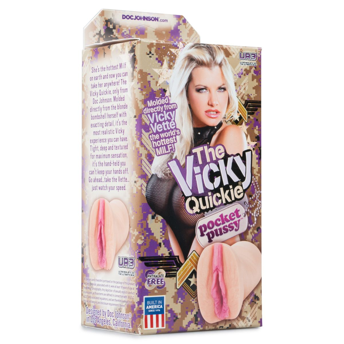 Schachtel von 'The Vicky Quickie pocket pussy' mit dem Gesicht einer Frau. Text: 'Geformt direkt von Vicky Vette, der heißesten MILF der Welt!'