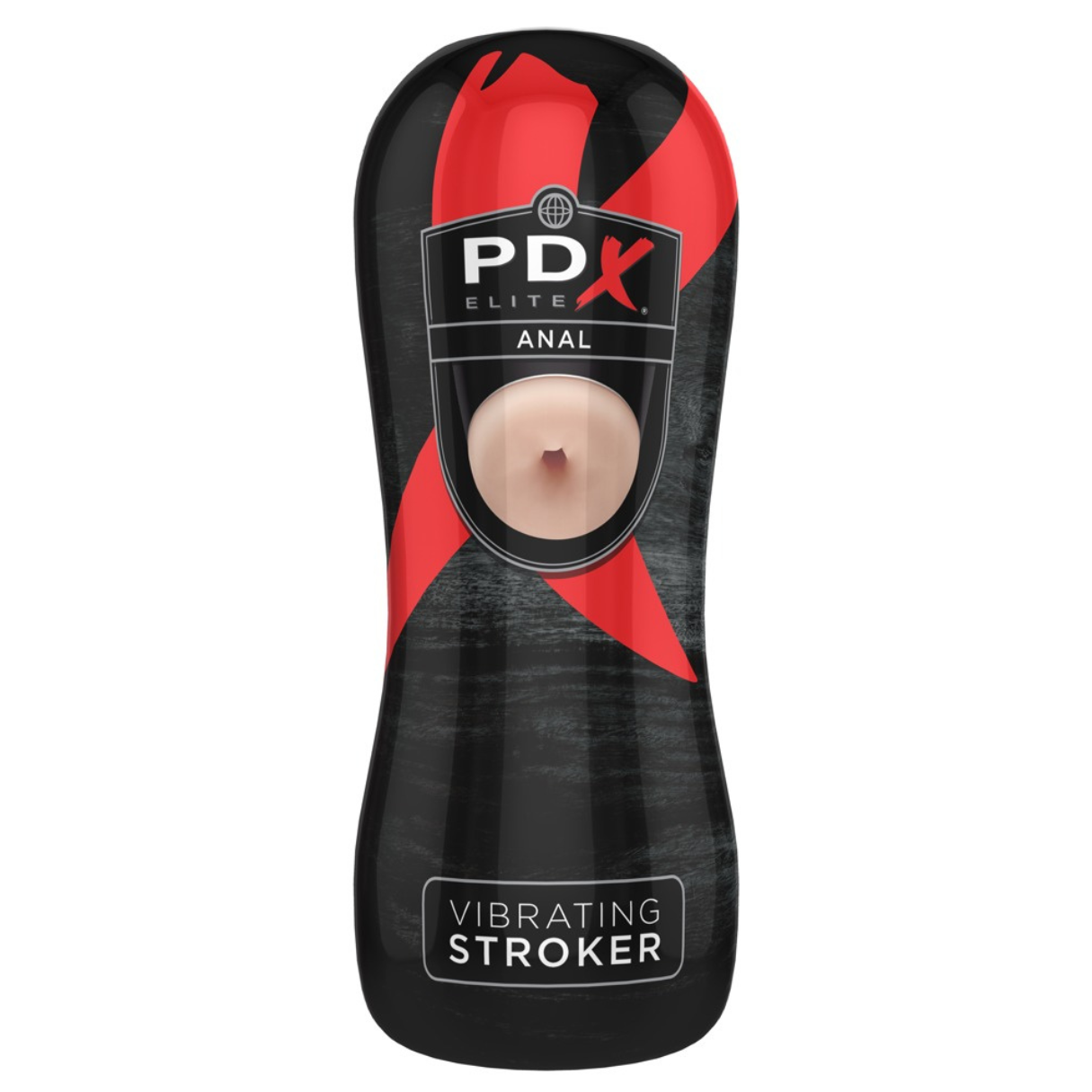 Ein schwarz-roter Vibrations-Stroker mit dem Text 'PDX ELITE ANAL' und einer hautfarbenen Öffnung in der Mitte.