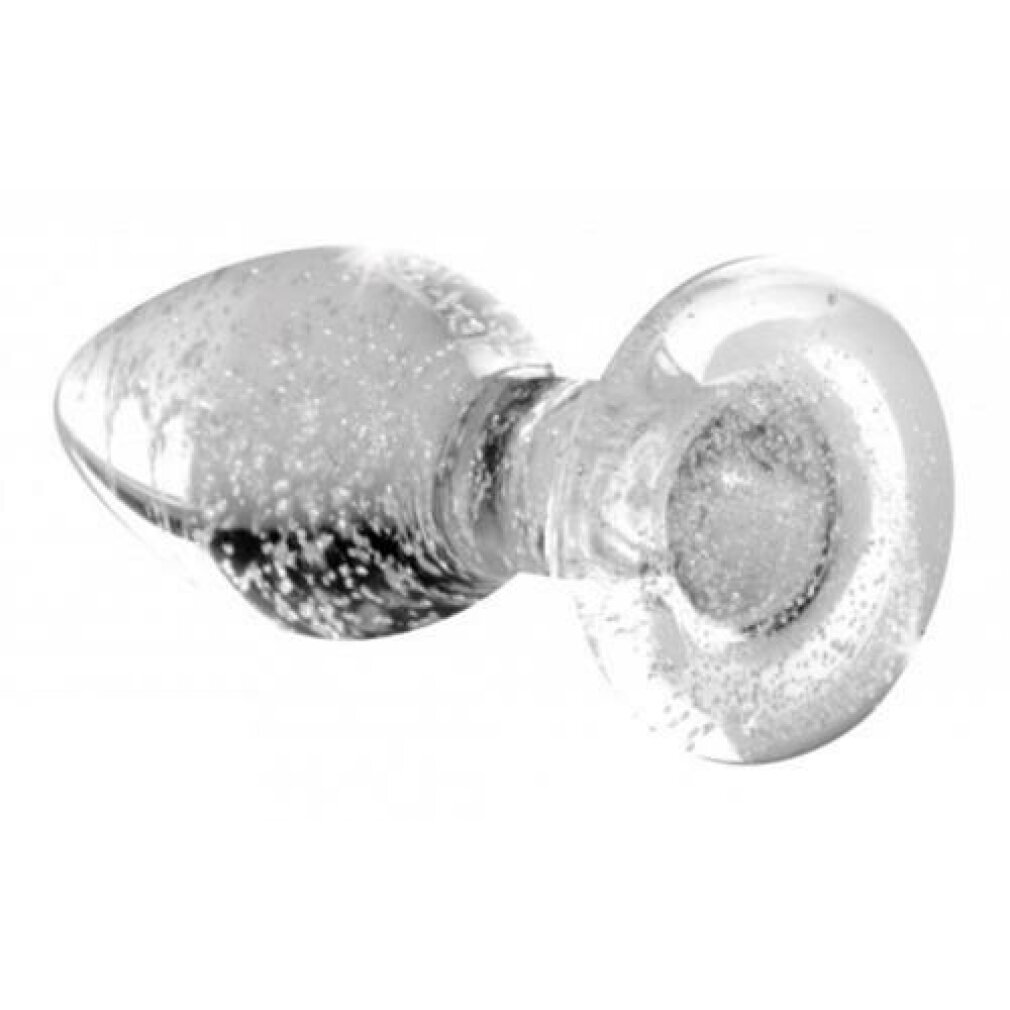 Ein klarer Glas-Analplug mit einem bauchigen Ende und einer ausgestellten Basis. Kleine Blasen sind im Glas sichtbar.