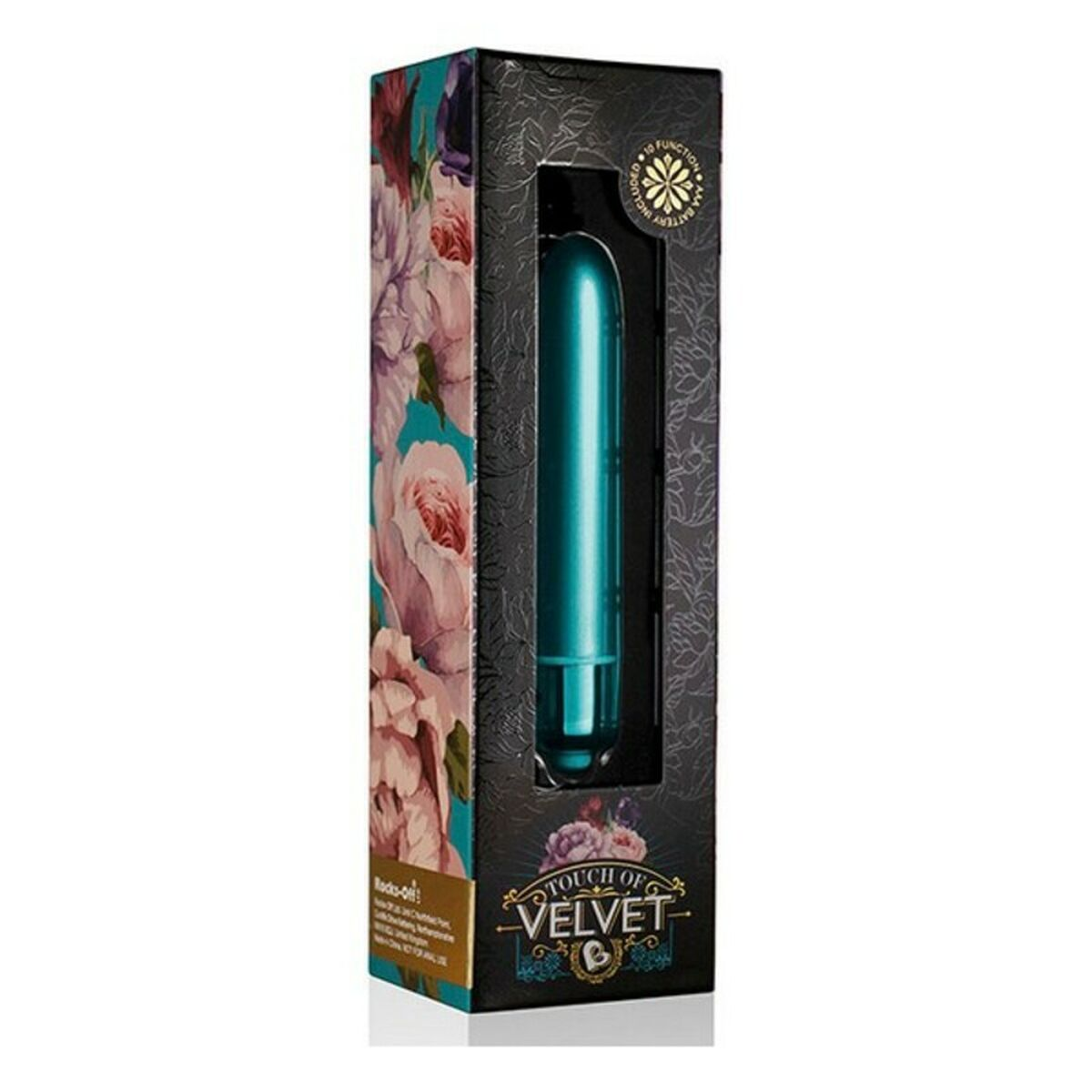 Ein türkisfarbener Vibrator in einer schwarzen Schachtel mit Blumendesign. Auf der Schachtel steht 'Touch of Velvet' und '10 Funktionen'.