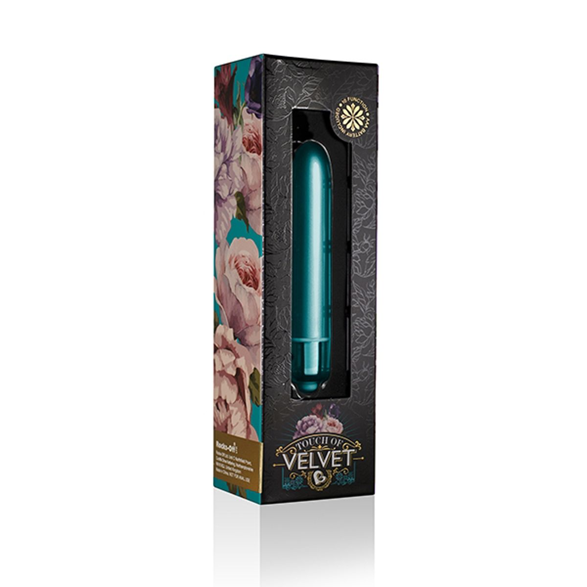 Ein türkisfarbener Vibrator in einer Schachtel mit Blumen und Samttext. Die Schachtel ist schwarz, mit einem sichtbaren Vibrator.
