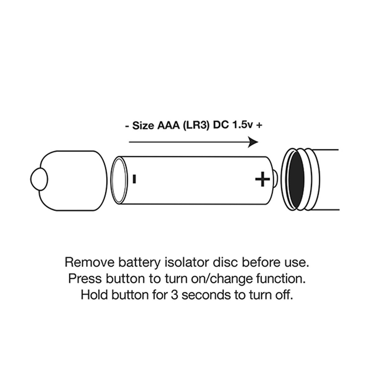 Diagramm zeigt eine zerlegte AAA-Batterie. Textanweisungen umfassen das Entfernen der Isolierscheibe und die Verwendung von Tasten.