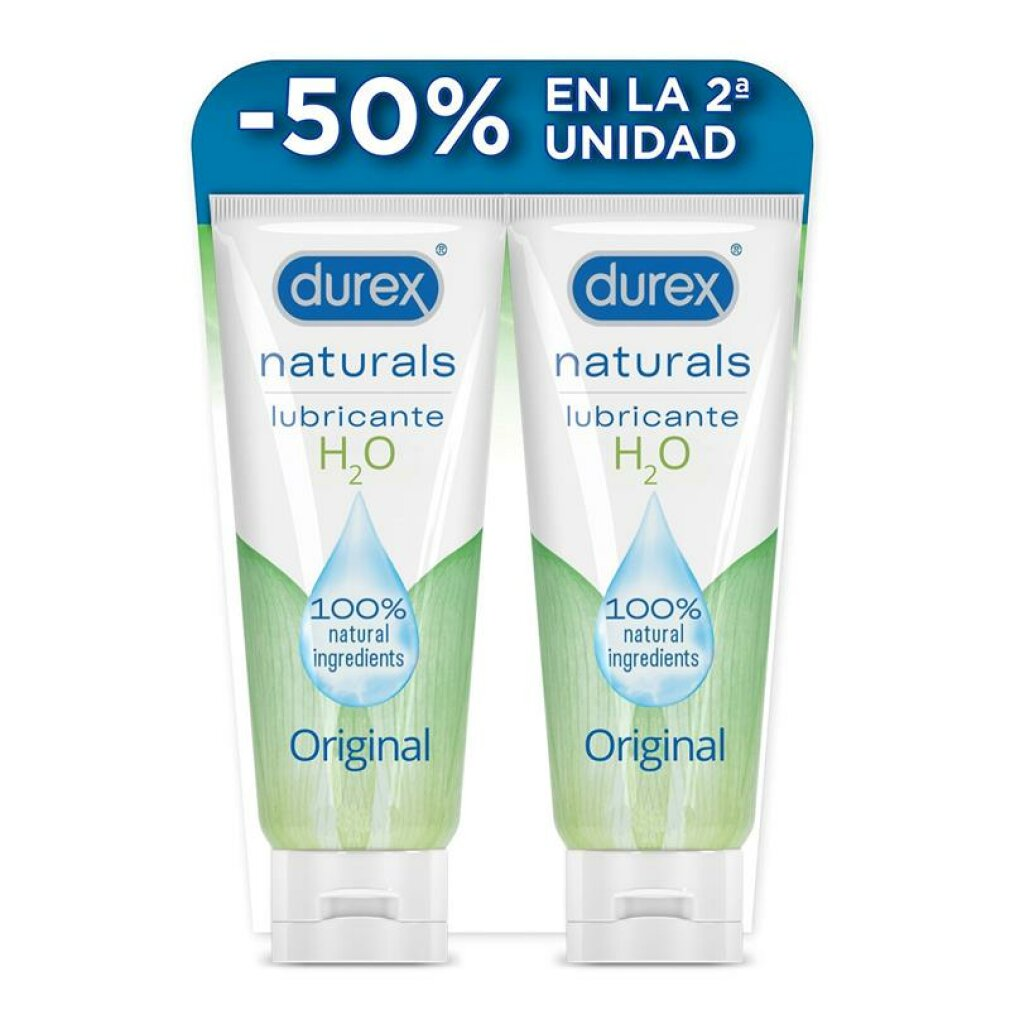 Zwei Tuben Durex Naturals Gleitmittel, mit 50% Rabatt-Aktion. Die Tuben sind weiß mit grünen Akzenten und haben Wassertropfen-Logos.