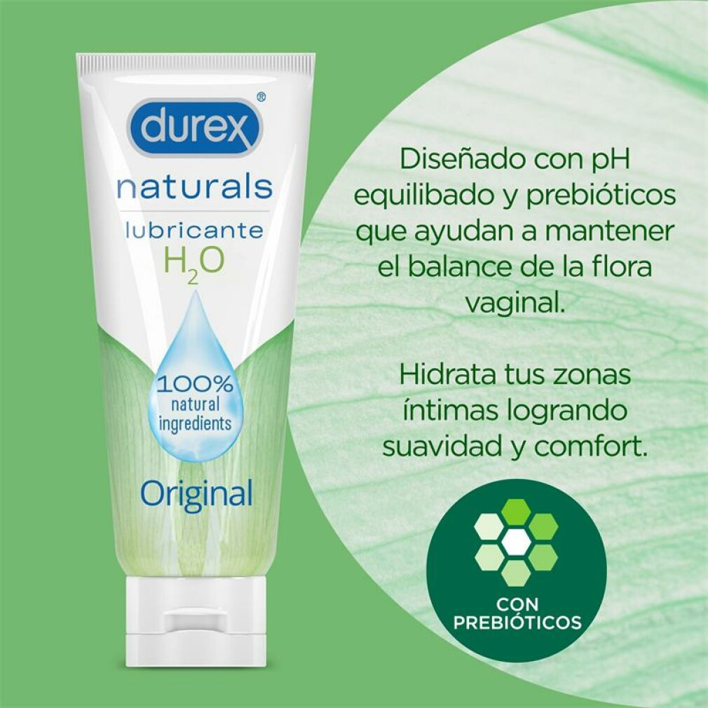 Durex Naturals Gleitgel-Tube. Enthält natürliche Inhaltsstoffe. Text: 'Original'. Hintergrund ist grün.