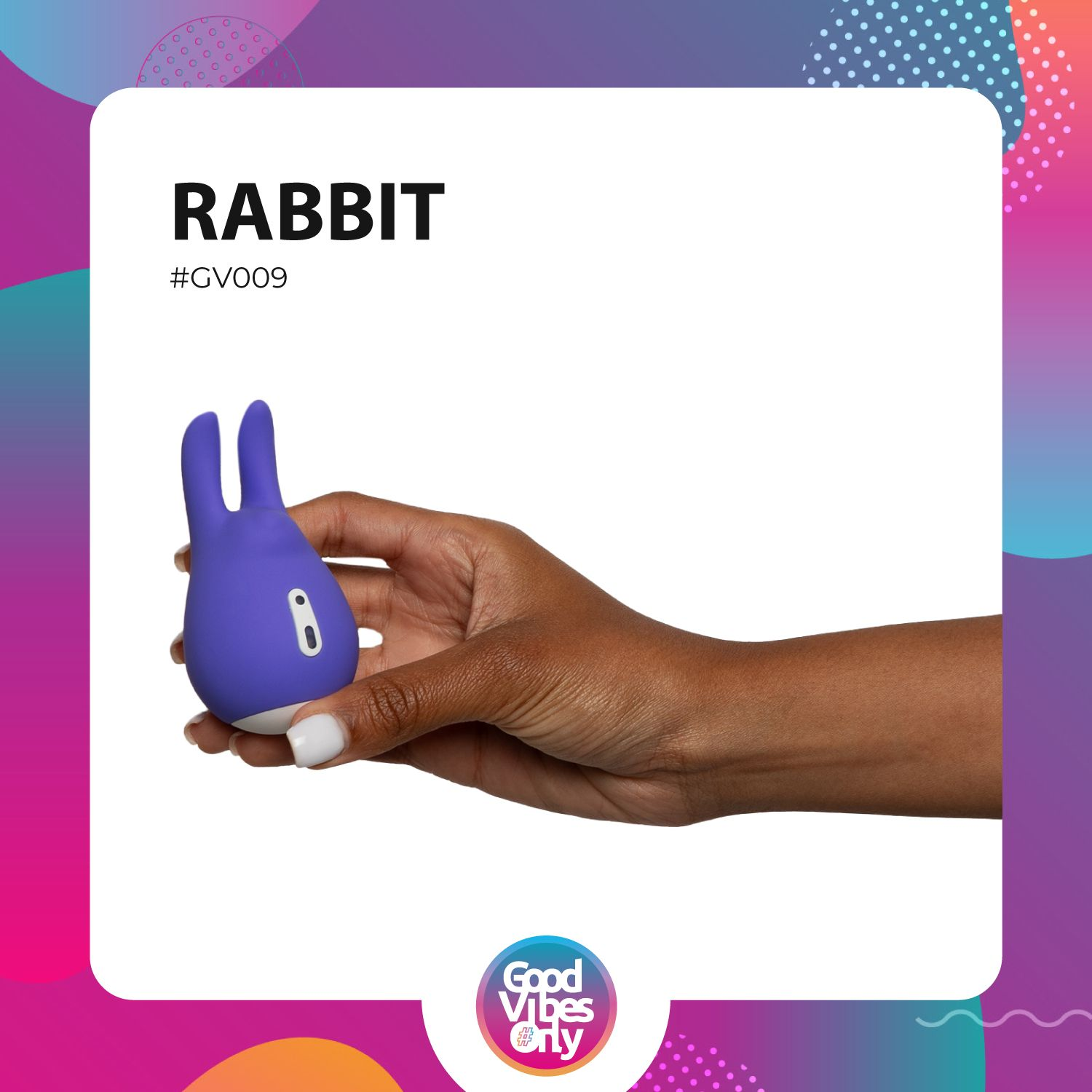 Eine Hand hält einen lila, hasenförmigen Vibrator. Der Hintergrund ist weiß mit bunten, abstrakten Formen und dem Text 'RABBIT'.