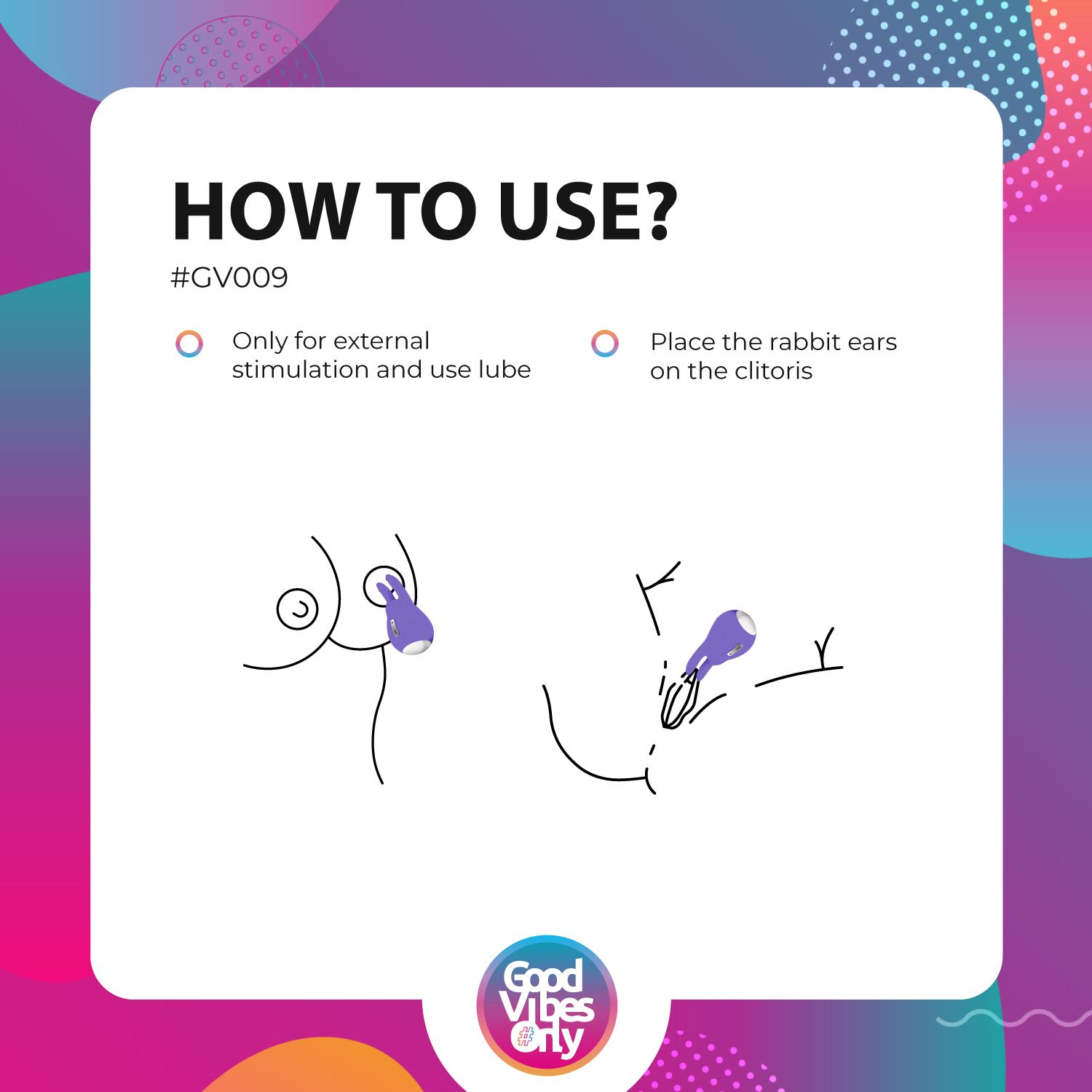 Diagramm zeigt die Verwendung eines Vibrators im Hasenstil. Das Bild enthält Text, Anweisungen und Illustrationen von Körperteilen und dem Gerät.