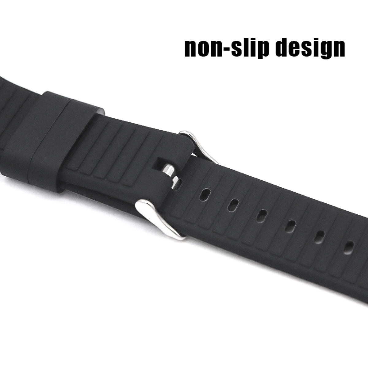 Primer plano de una correa de reloj negra con hebilla plateada. La correa tiene un diseño antideslizante y está sobre un fondo blanco.