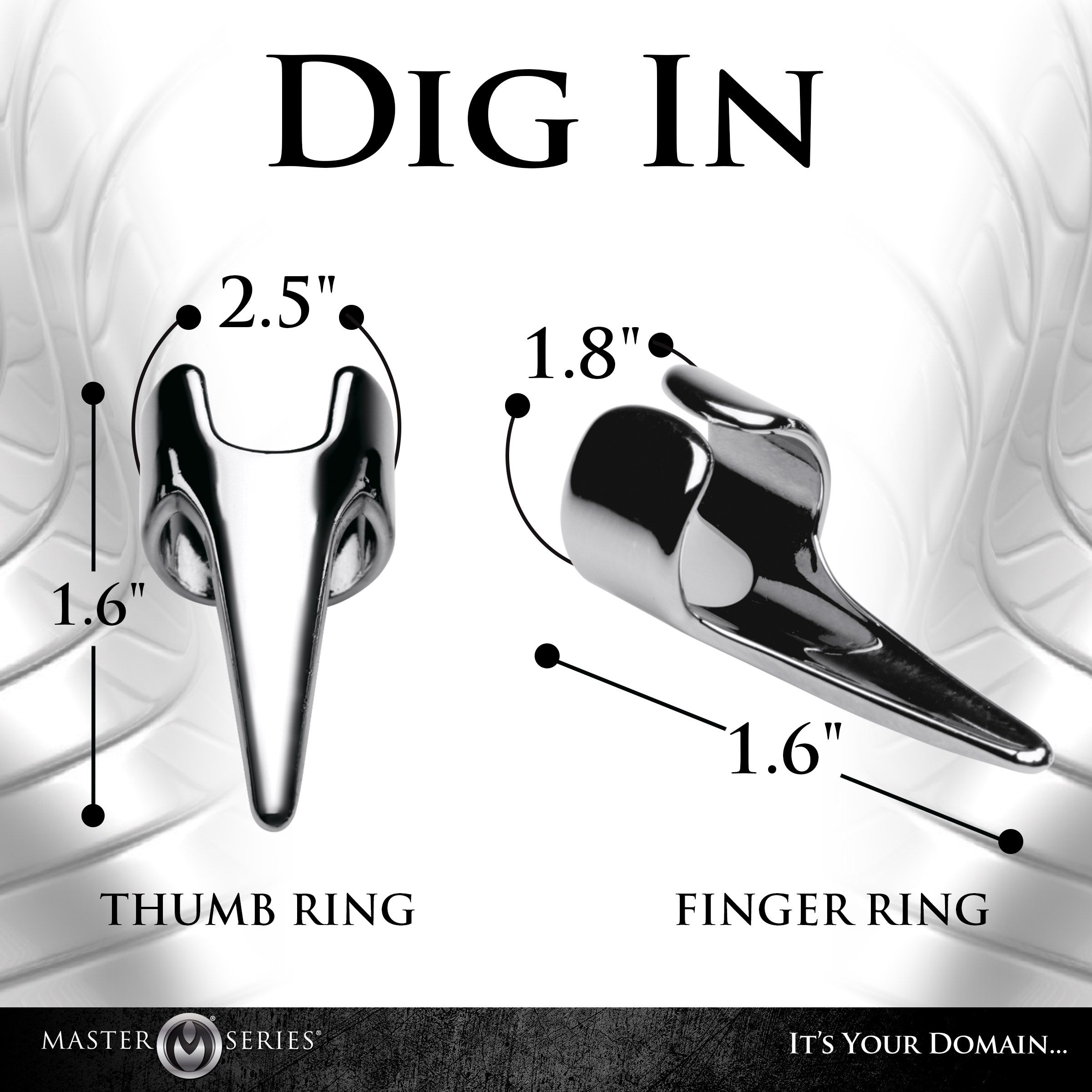 Das Bild zeigt zwei Metallringe. Einer ist für den Daumen und der andere für den Finger. Text sagt 'DIG IN'.