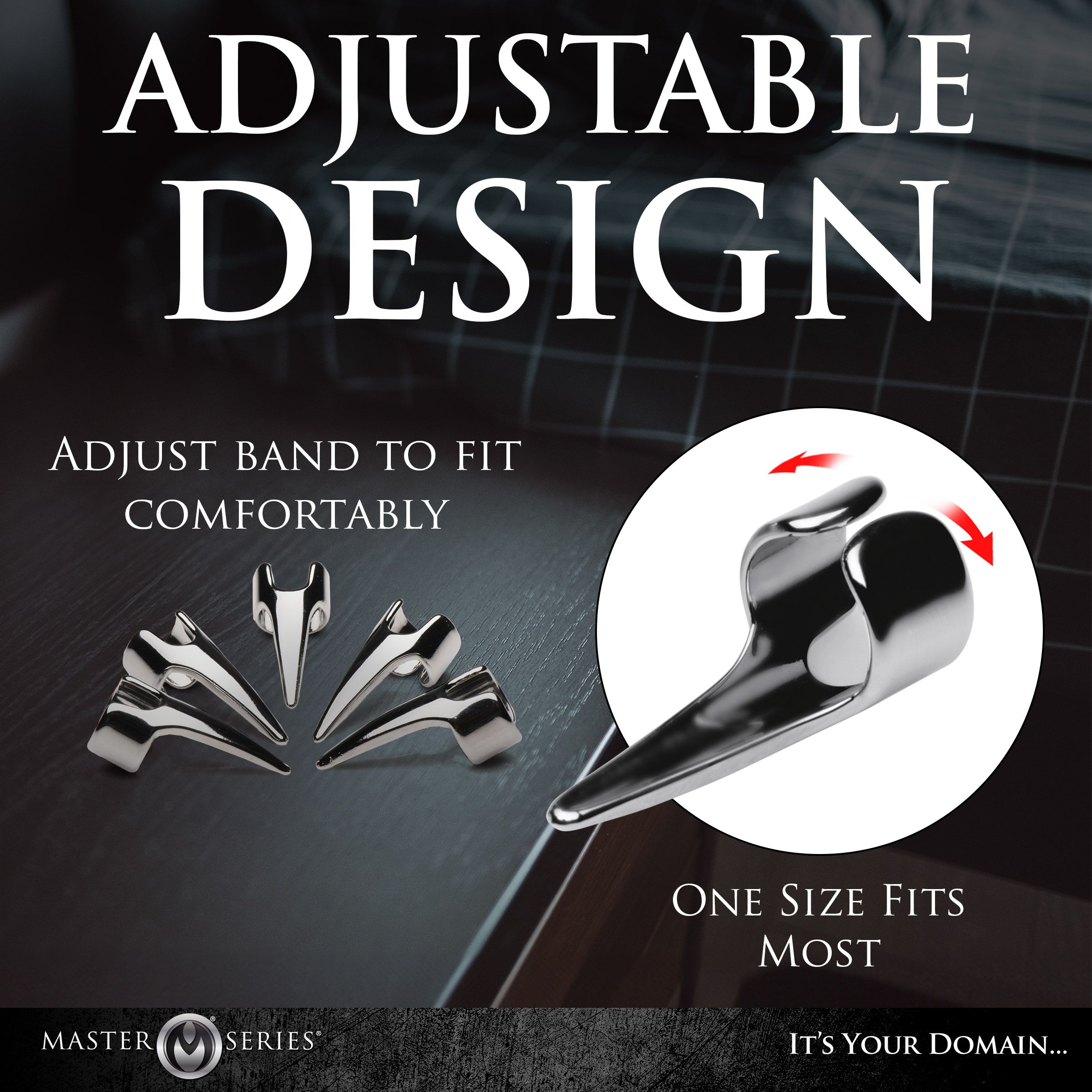 Das Bild zeigt ein verstellbares Gerät. Der Text lautet 'Adjustable Design' und 'One Size Fits Most'. Mehrere Chromgeräte werden gezeigt.