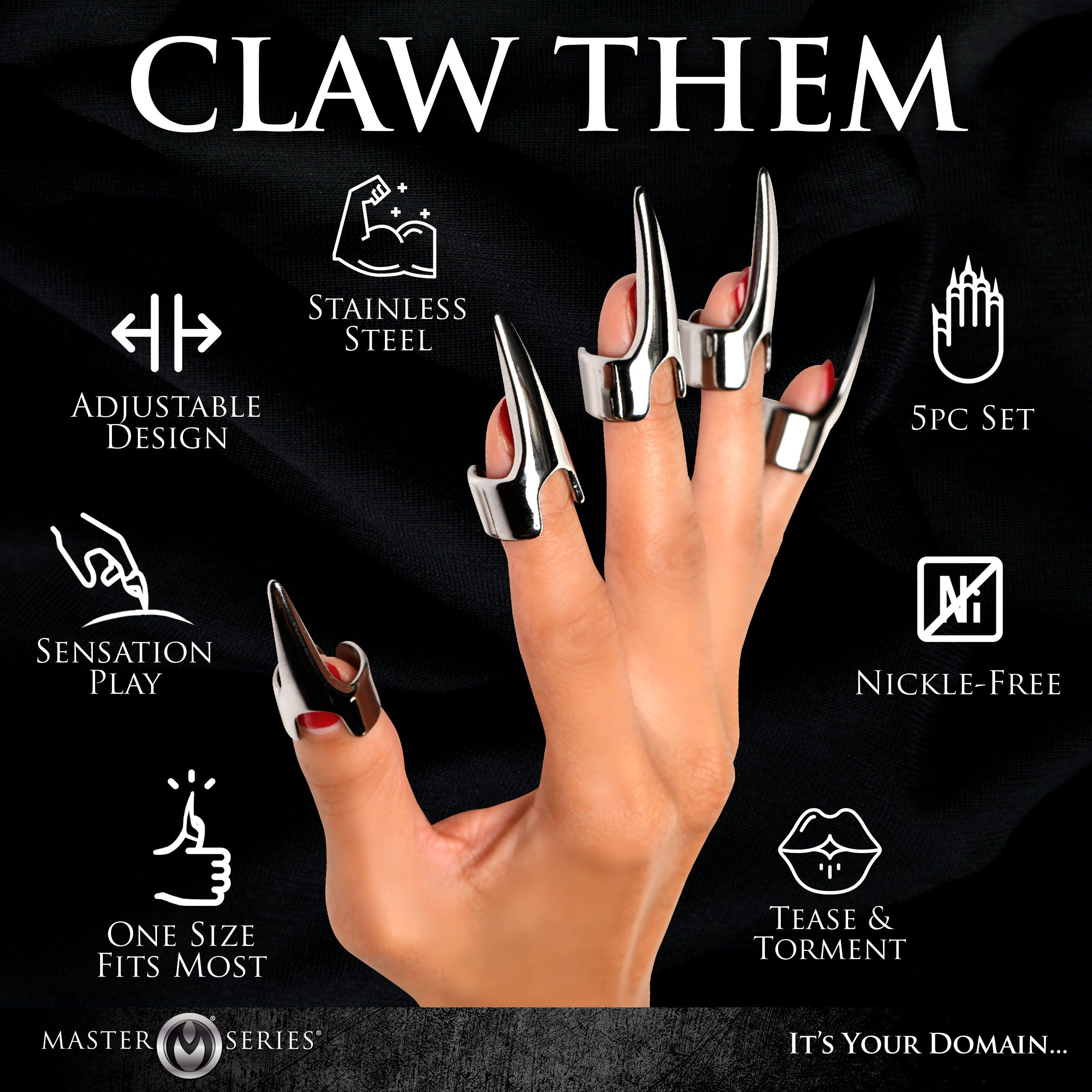 Eine Hand, die silberne Krallenringe trägt. Text enthält 'Claw Them' und verschiedene Funktionen und Vorteile.