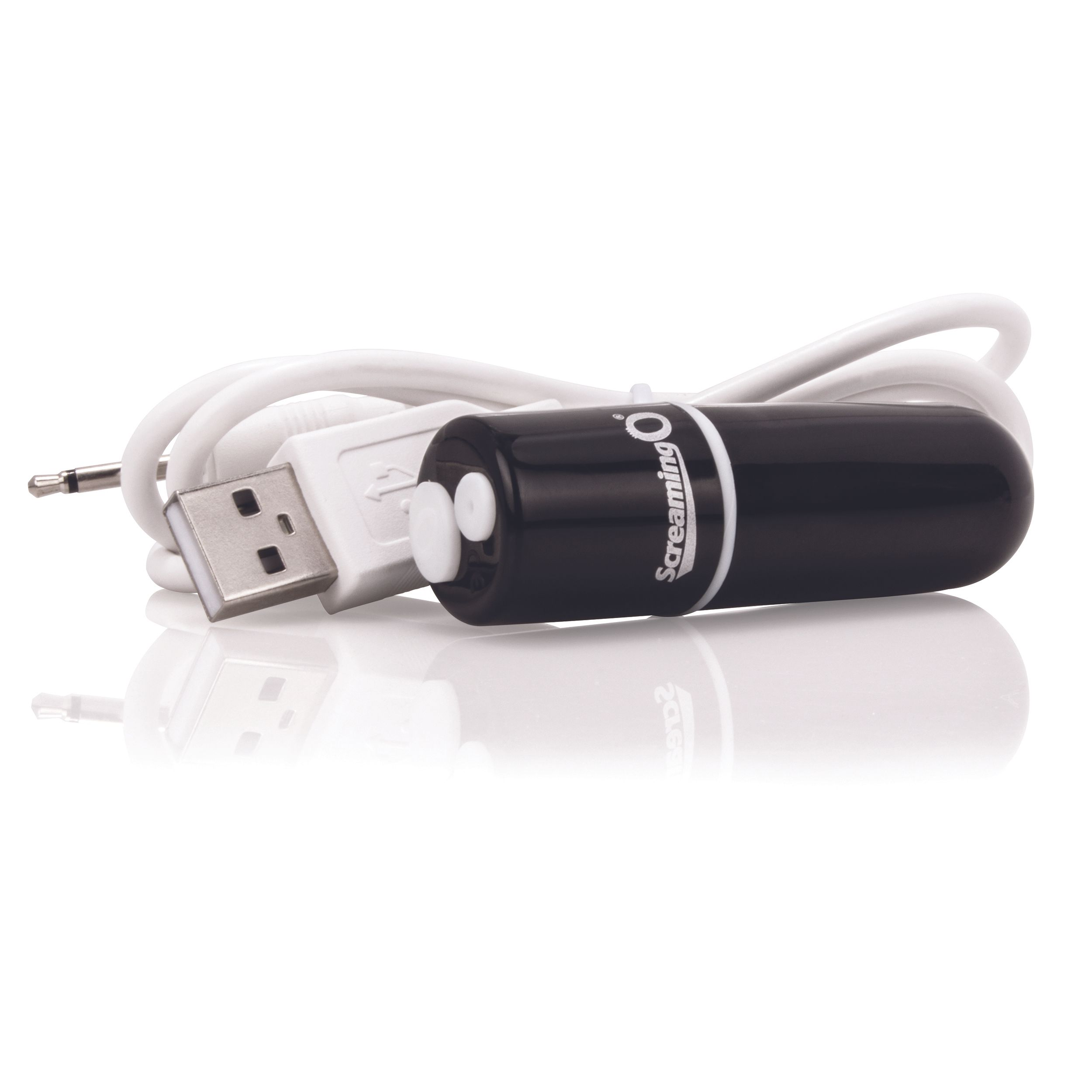 Ein schwarzer Vibrator mit weißen Akzenten und einem USB-Kabel. Er liegt auf einer weißen Oberfläche mit Reflexion.