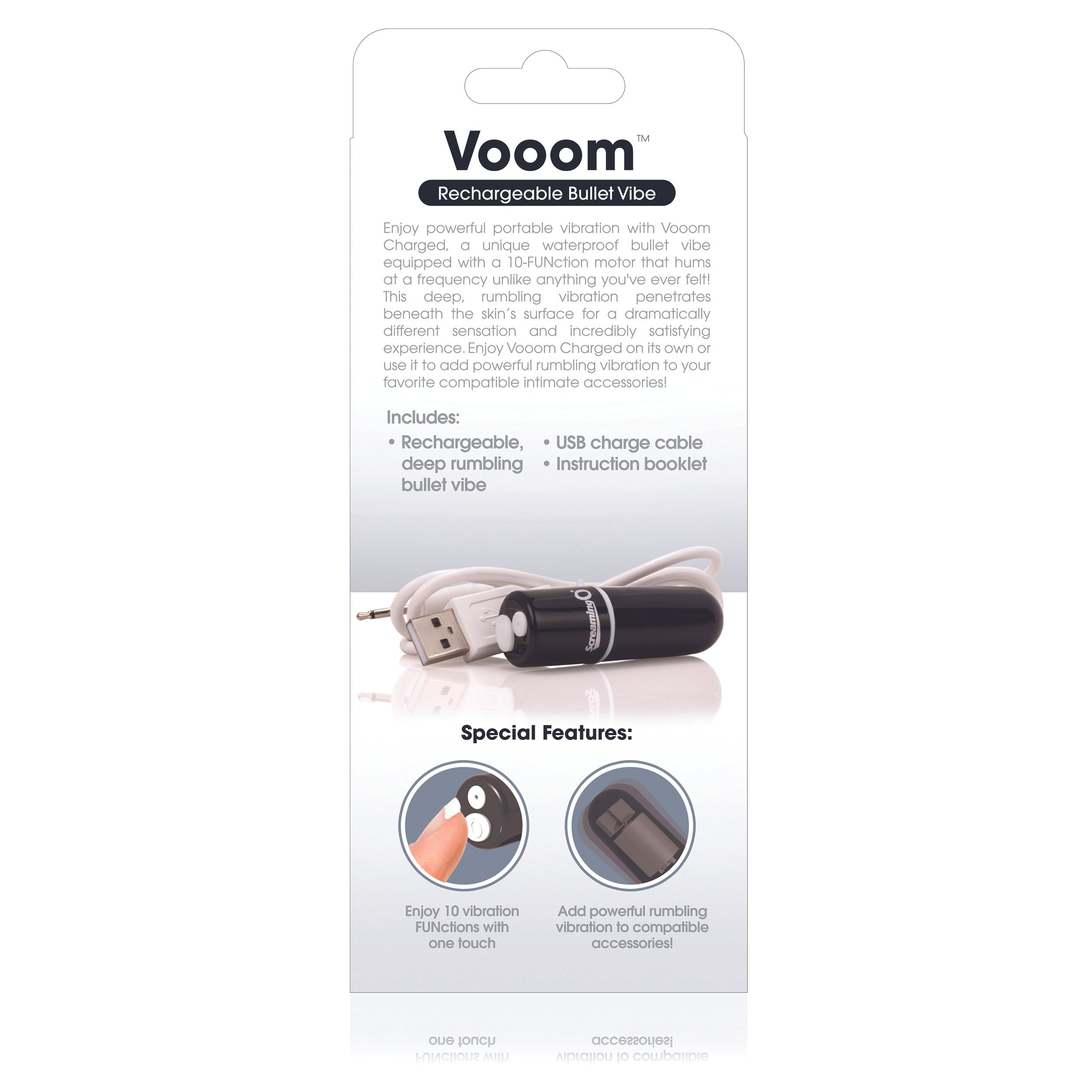 Eine Produktverpackung zeigt einen schwarzen Bullet-Vibe mit USB-Kabel, Text und Funktionen.