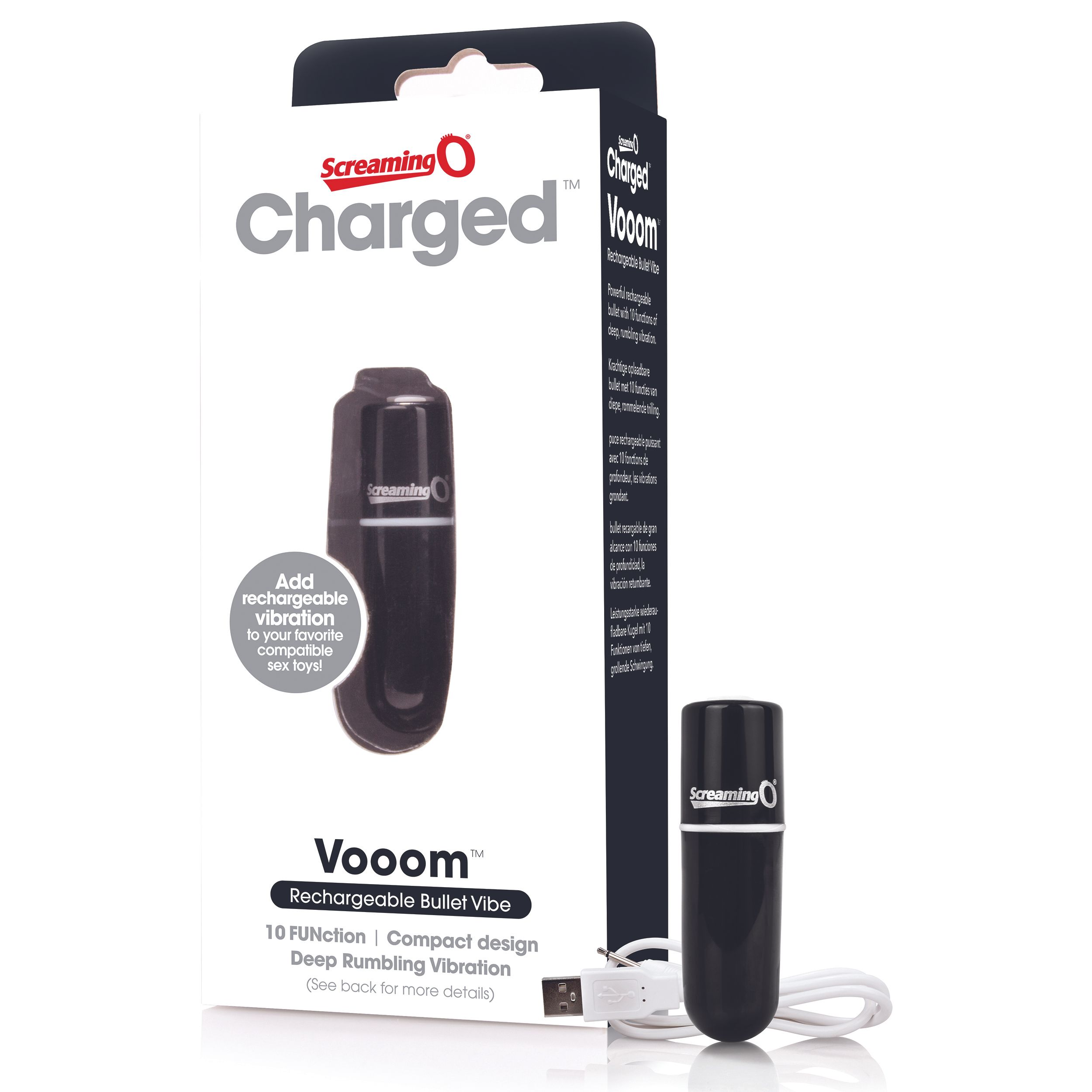 Produktbox für einen wiederaufladbaren Bullet-Vibe. Schwarzer Vibe auf weißem Hintergrund. Text enthält 'Charged' und 'Vooom'.