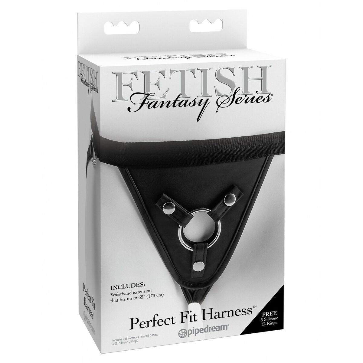 Ein schwarzes Perfect Fit Harness in einer Schachtel. Die Schachtel ist weiß und trägt die Aufschrift 'Fetish Fantasy Series'.