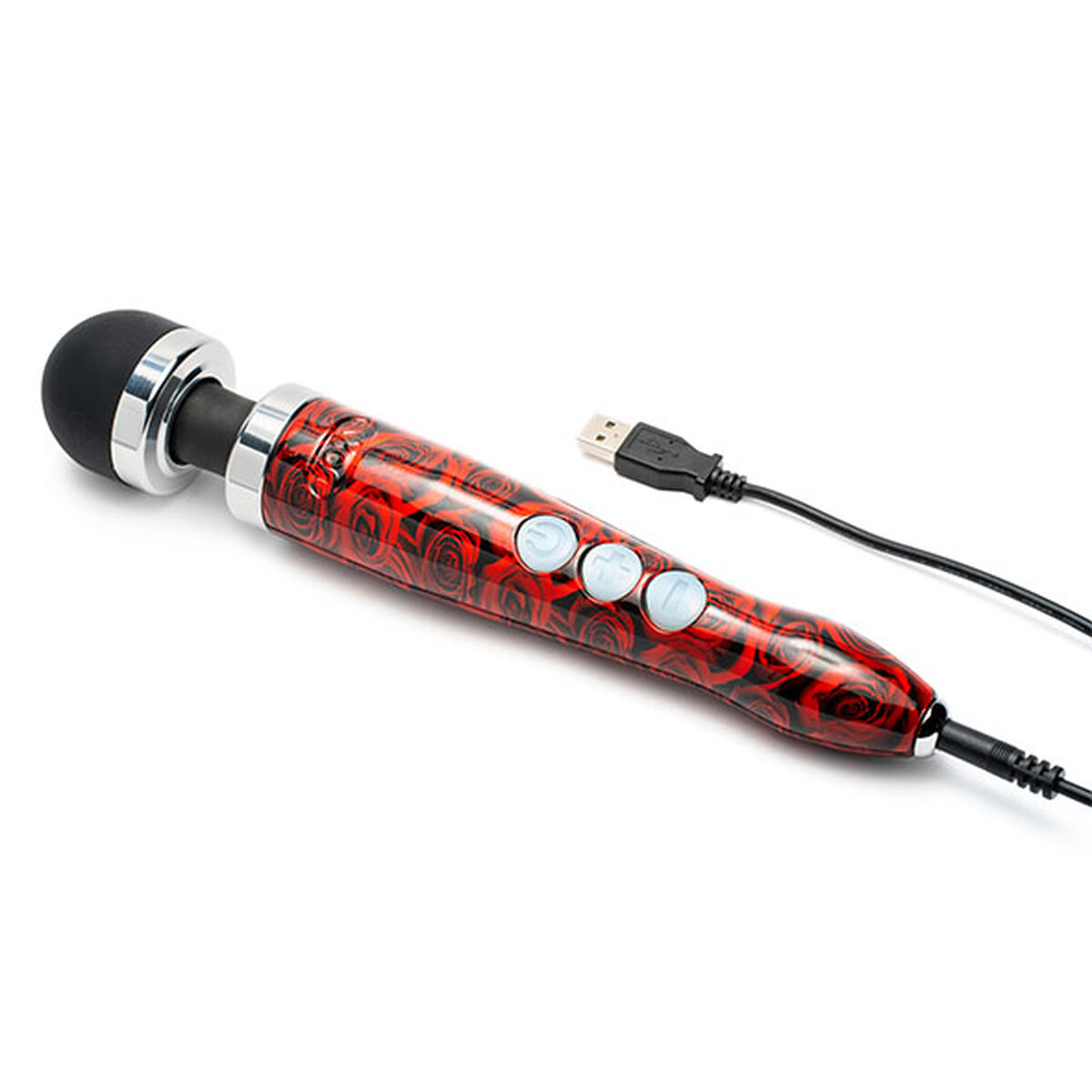 Ein rot-schwarz geblümter Vibrator mit Knöpfen, einem schwarzen Kopf und einem USB-Kabel. Er befindet sich auf weißem Hintergrund.