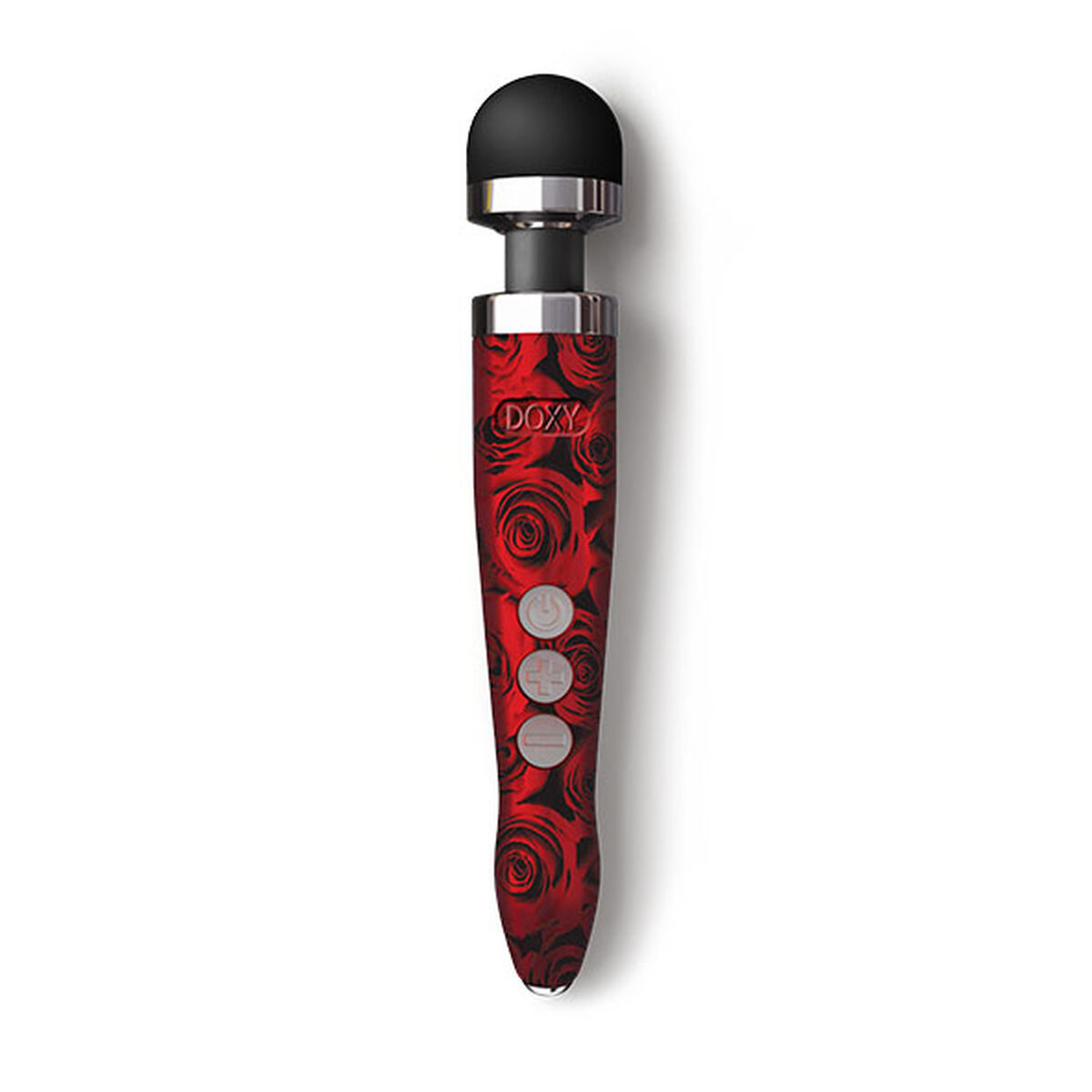 Ein rot-schwarzer Vibrator mit Rosenmuster. Er hat einen schwarzen Kopf und Knöpfe am Griff. Die Marke ist Doxy.