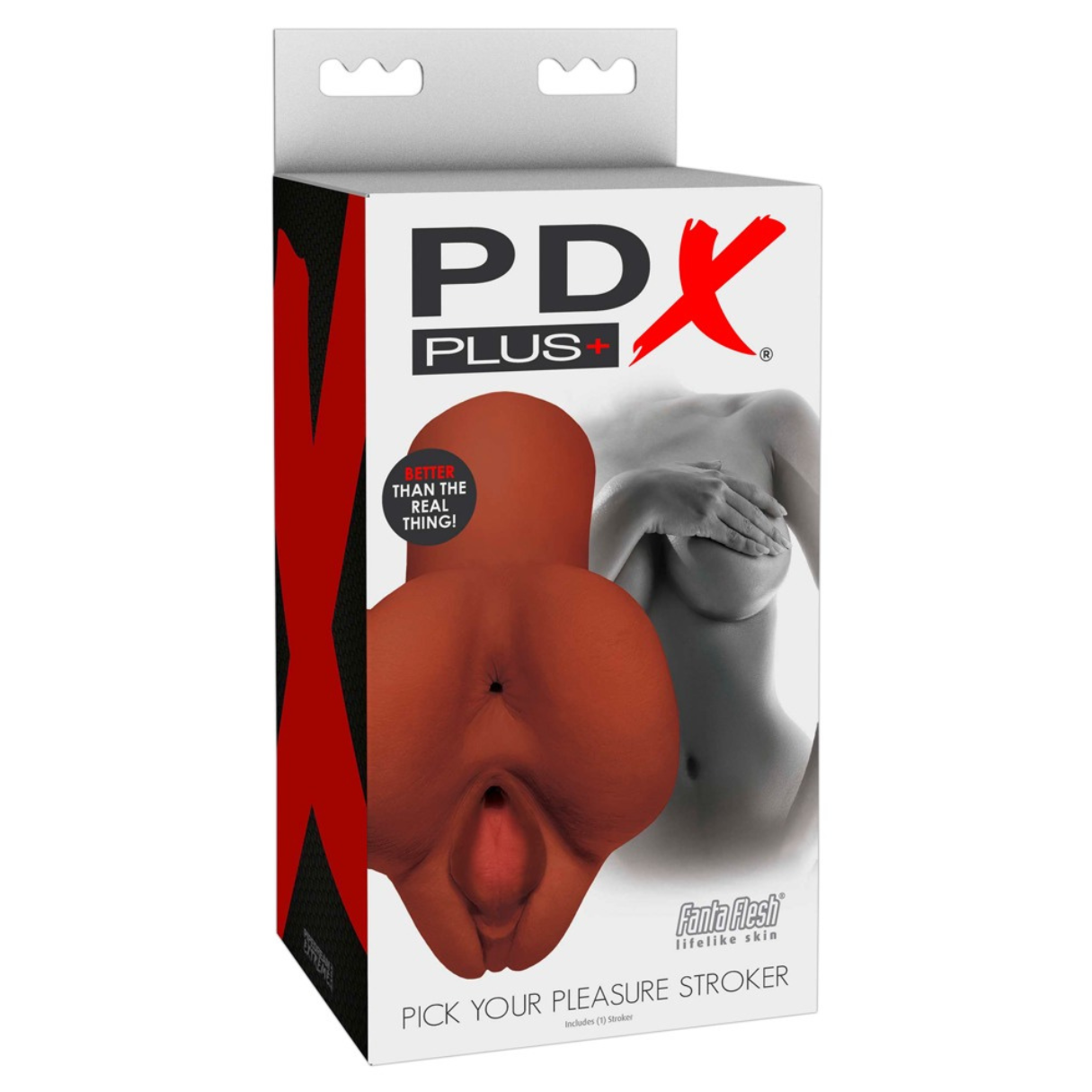 Caja con un juguete sexual color carne. El texto dice 'PDX PLUS' y 'Pick Your Pleasure Stroker'. Hay una imagen de una mujer en el lateral.