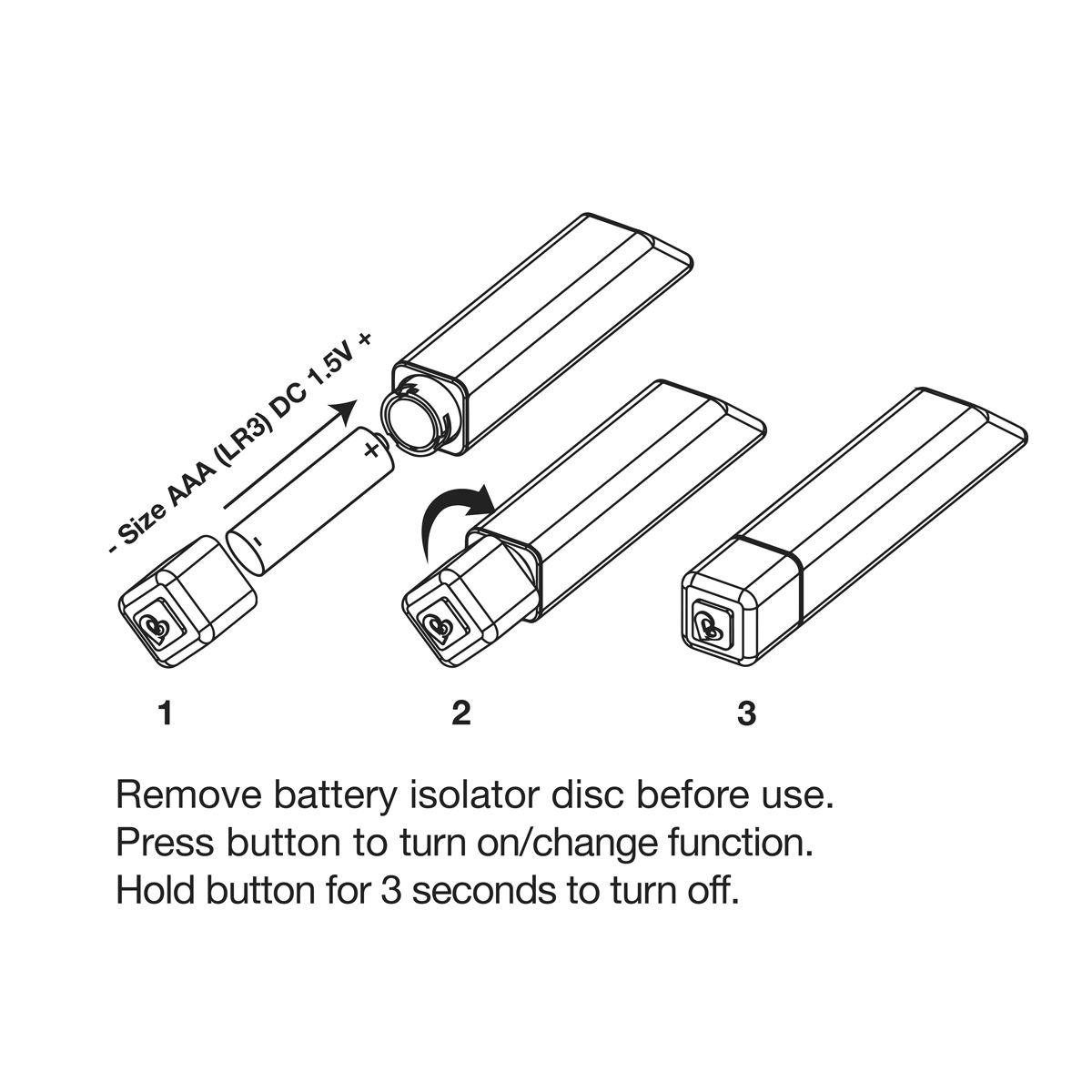 Diagramm zeigt, wie man eine Batterie in ein Gerät einlegt. Schritte 1-3 zeigen den Vorgang. Text erklärt die Tastenfunktionen.