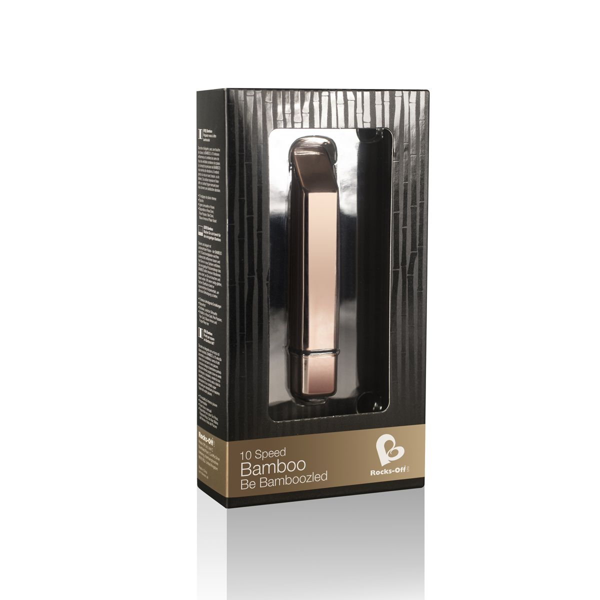 Eine Produktbox mit einem goldenen Vibrator. Auf der Box steht '10 Speed Bamboo Be Bamboozled' und 'Rocks-Off'.