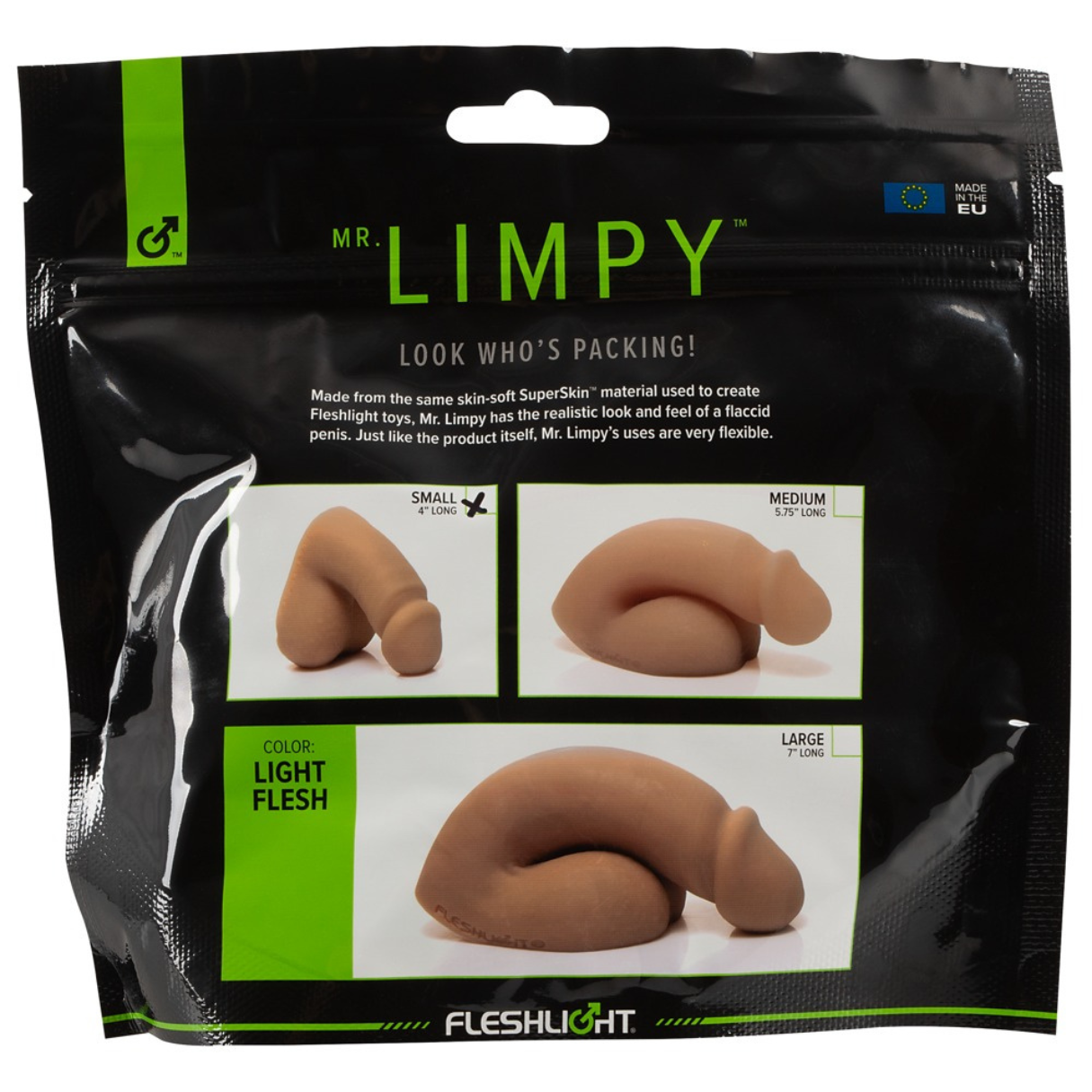 Eine Packung für 'Mr. Limpy' mit drei Produktbildern, der Farbe 'Light Flesh' und dem Fleshlight-Logo.