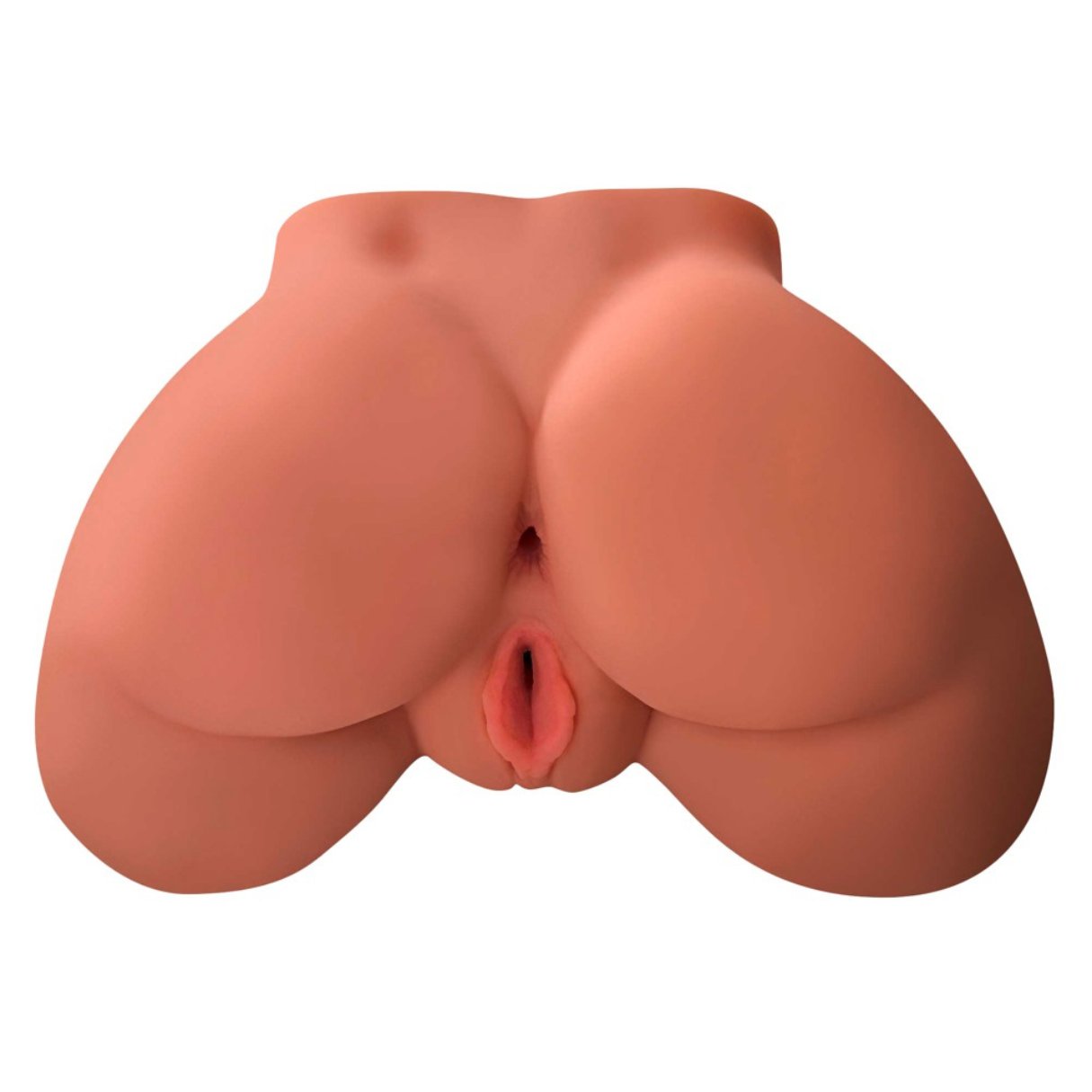 Nahaufnahme eines hautfarbenen, anatomisch korrekten weiblichen Genitalmodells mit Gesäß und Schamlippen.