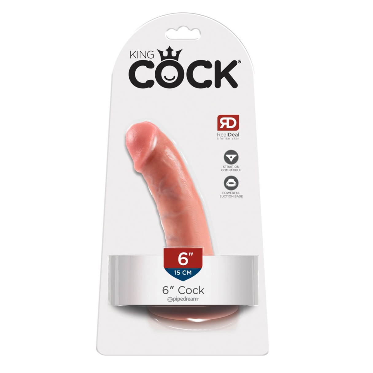 Ein pinkfarbenes Sexspielzeug in einer Verpackung mit der Aufschrift 'King Cock'. Es ist 6 Zoll groß und verfügt über Funktionen wie Strap-on-Kompatibilität und einen Saugfuß.