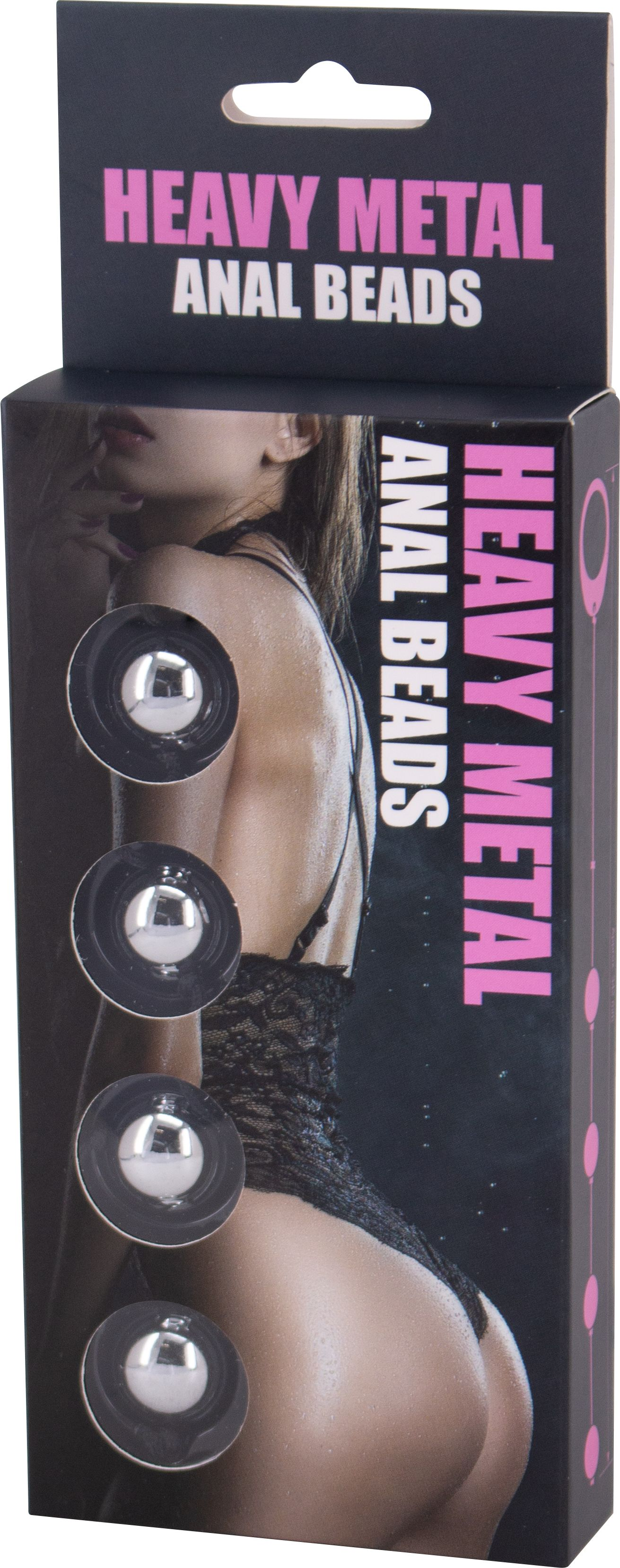 Auf der Verpackung ist eine Frau abgebildet, schwere Metall-Analperlen. Die Box hat rosa Text und einen schwarzen Hintergrund. Perlen sind sichtbar.