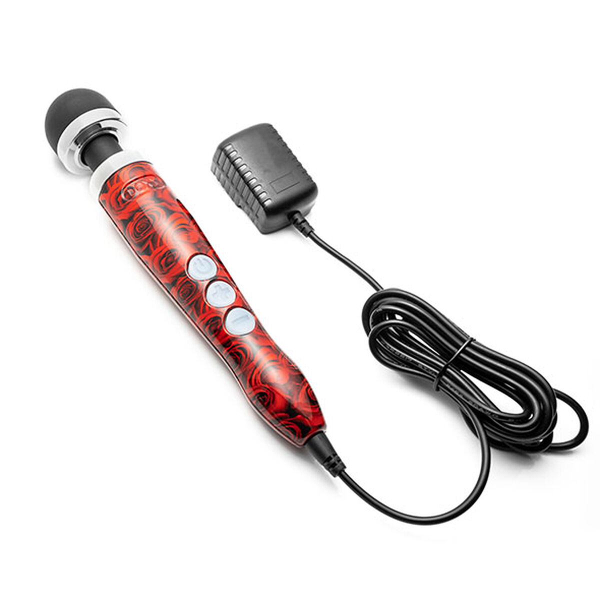 Ein rot-schwarzes Massagegerät mit Rosenmuster, schwarzem Netzteil, Kabel und Knöpfen auf weißem Hintergrund.