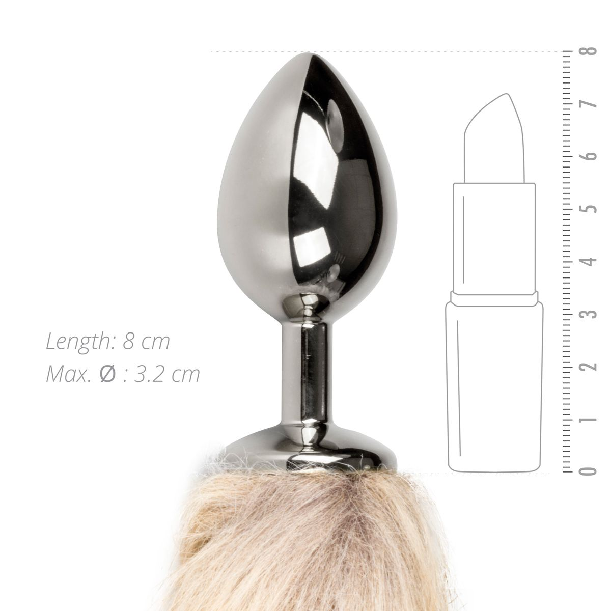 Ein Metall-Anal-Plug mit flauschigem Schwanz. Daneben eine Skizze, die es mit einem Lippenstift vergleicht, und Maße in cm.