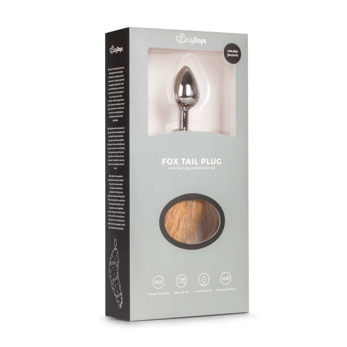 Eine Produktbox enthält einen Metall-Butt-Plug mit einem Kunstfellschwanz. Die Box hat Text und Illustrationen mit der Marke EasyToys.