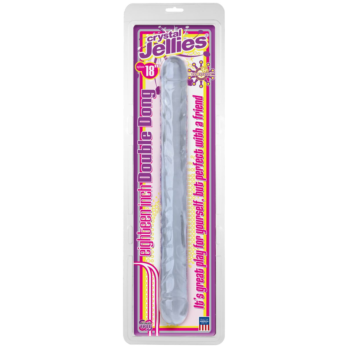 Ein durchsichtiges, phallisches Spielzeug in Kunststoffverpackung. Text: 'Crystal Jellies achtzehn Zoll Double Dong'. 'Großartig für dich'.