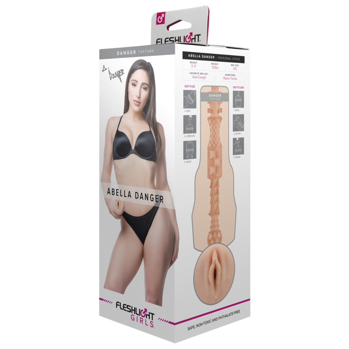 Eine Produktverpackung mit einer Frau in Dessous. Die Box zeigt Produktdetails und eine Abbildung des Produkts.