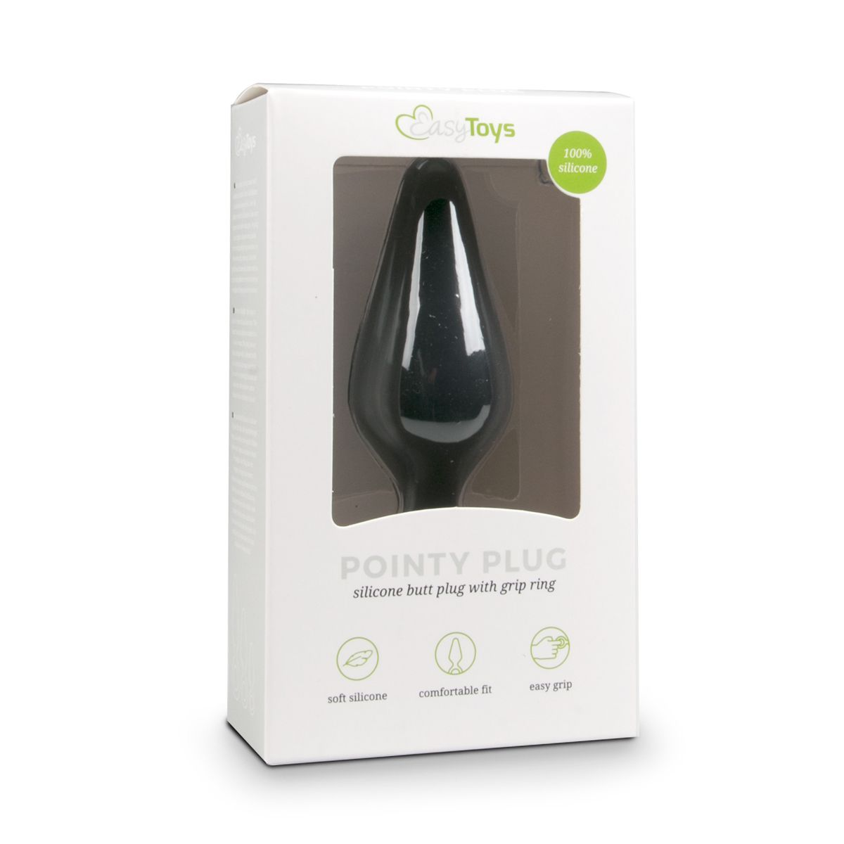 Ein schwarzer, spitzer Analplug wird in einer weißen Schachtel angezeigt. Auf der Schachtel befindet sich das EasyToys-Logo und der Text POINTY PLUG.