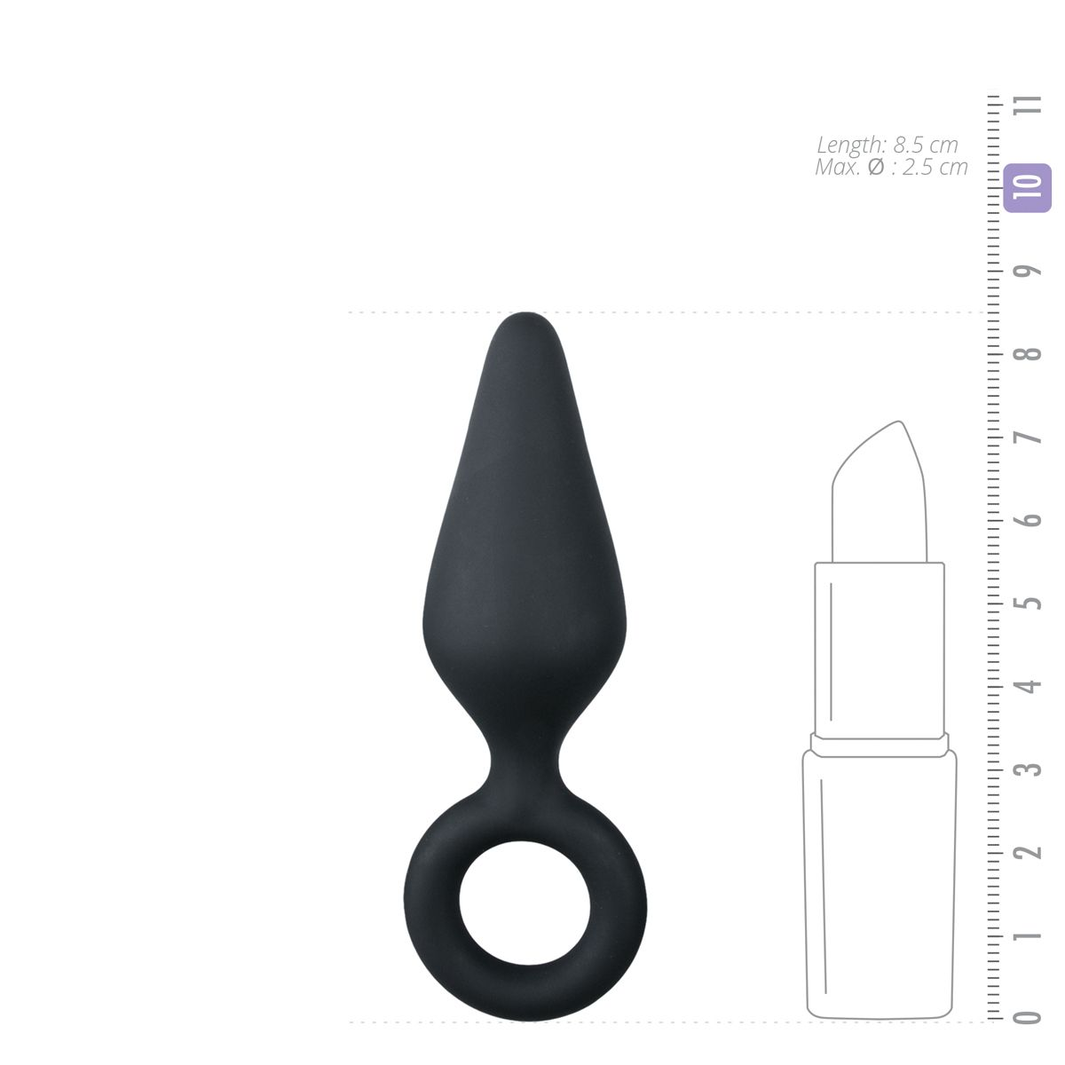 Schwarzer Anus-Plug mit Ringbasis. Daneben eine Lippenstift-Umrisszeichnung und ein Lineal mit Messungen des Plugs.
