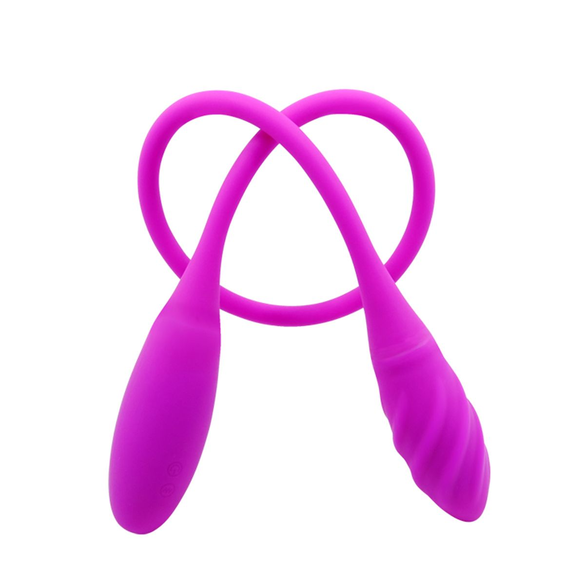 Ein rosa Sexspielzeug mit zwei bauchigen Enden, die durch einen geschwungenen Stiel verbunden sind, vor weißem Hintergrund.