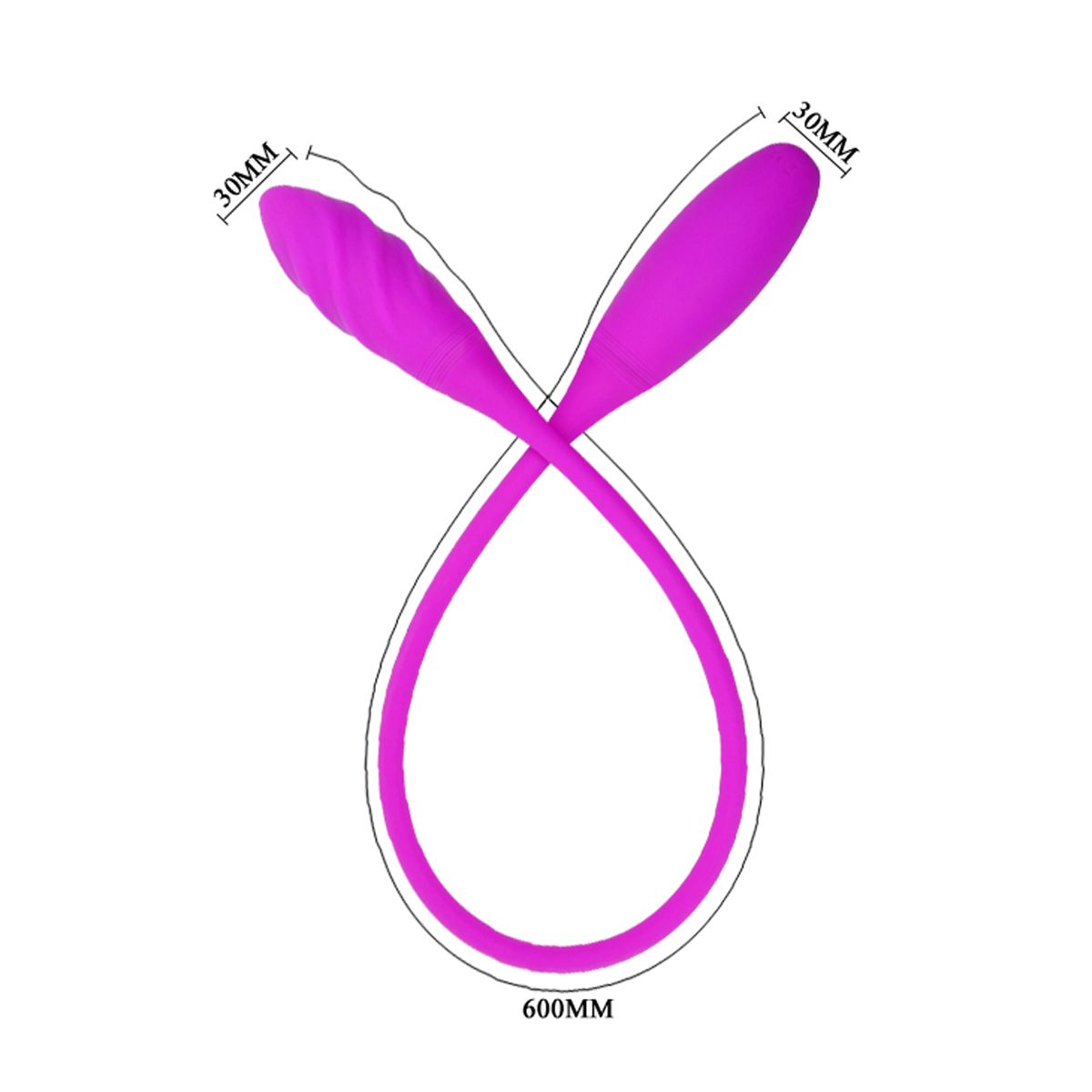 Ein rosa Sexspielzeug mit zwei Köpfen, verbunden durch einen langen, gebogenen Stiel. Abmessungen: 30 mm für die Köpfe und 600 mm für den Stiel.
