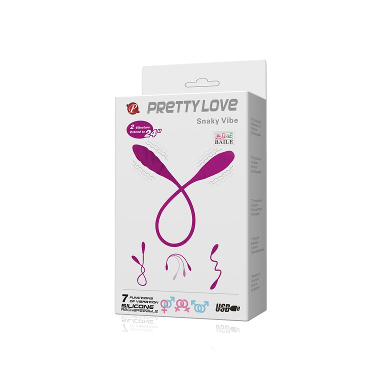 Verpackte Pretty Love Snaky Vibe. Es hat eine lila Vibratorform. Text enthält '2 Vibratoren', 'Silikon' und 'wiederaufladbar'.