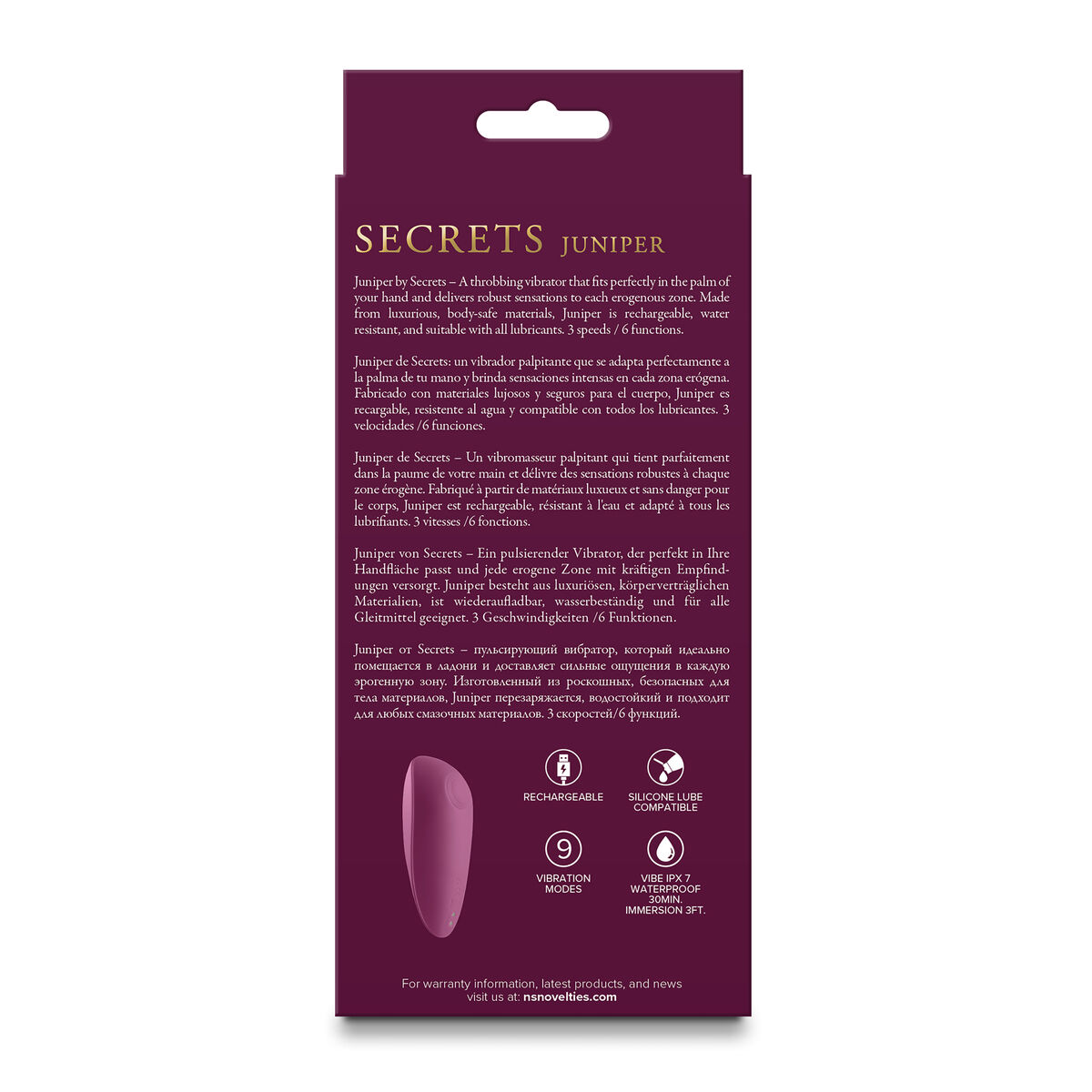 Produktbox mit Text und einem lila Vibrator. Der Text beschreibt Eigenschaften und Vorteile des Produkts.