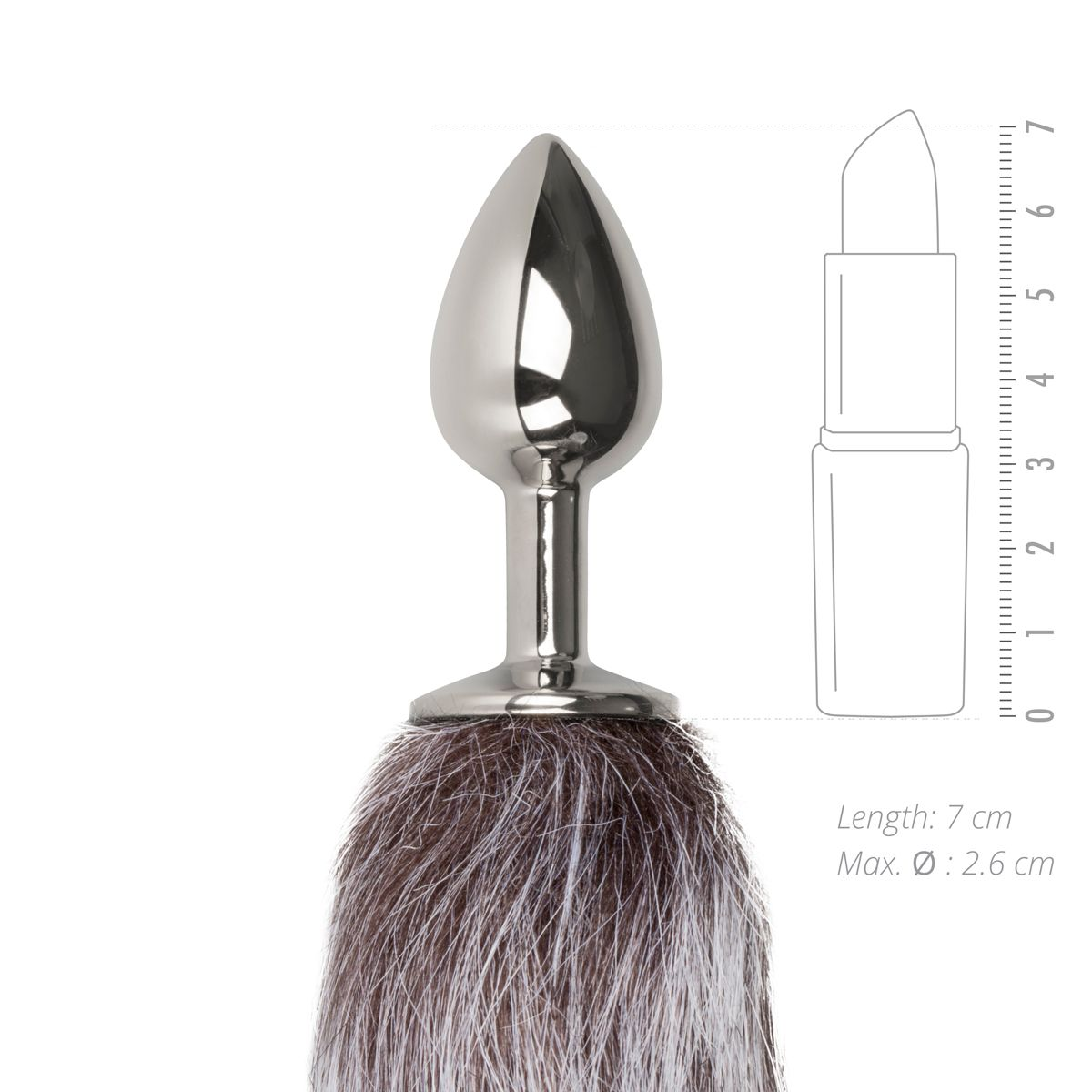 Ein Metall-Analplug mit Fellschwanz wird neben einer schematischen Darstellung eines Lippenstifts und eines Lineals gezeigt.