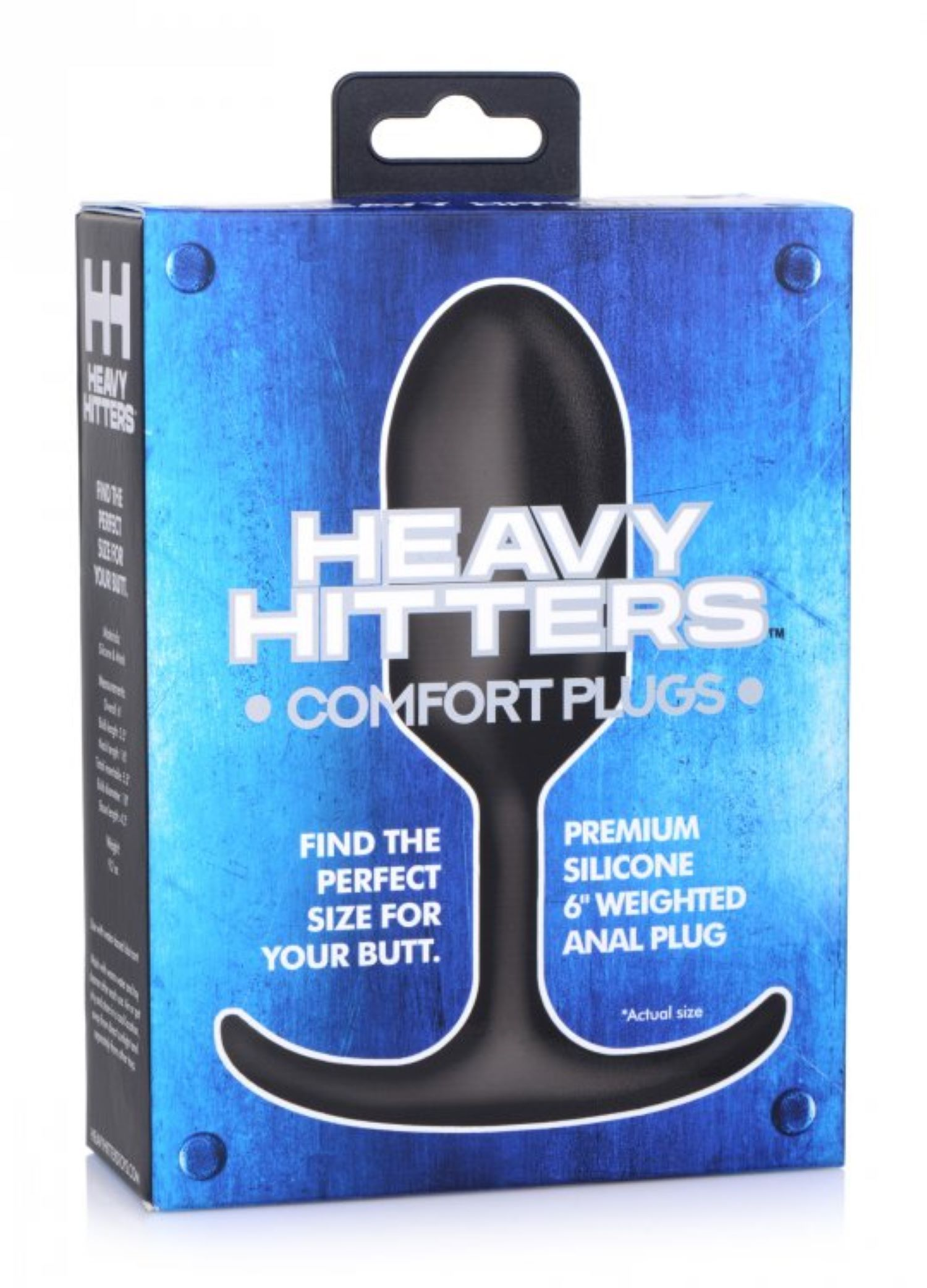 Schachtel für 'Heavy Hitters' Komfort-Stöpsel. Schwarze Plug-Umrisse auf blauem Hintergrund. Text: 'Finden Sie die perfekte Größe für Ihren Po'.