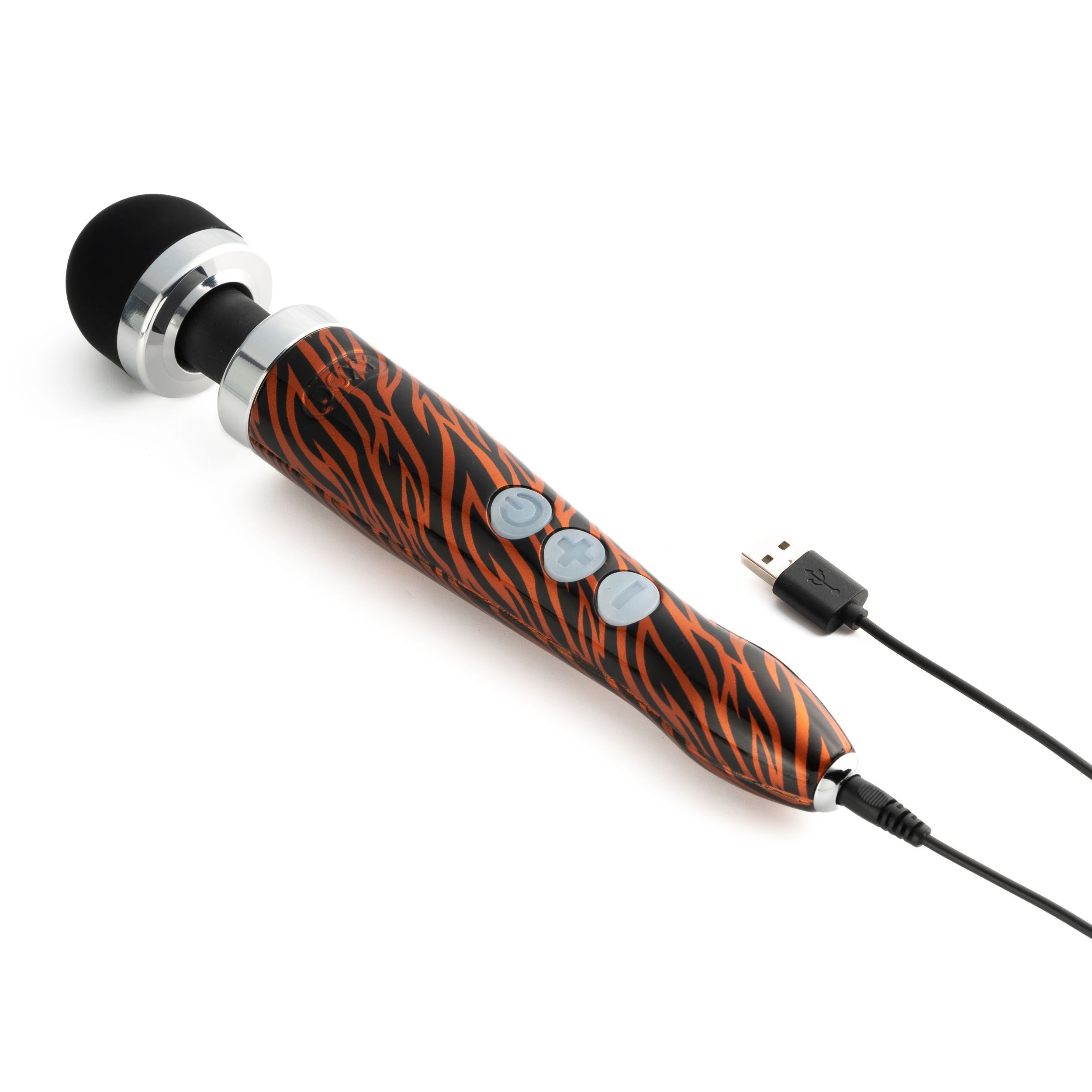Ein Sexspielzeug mit schwarzem Kopf und einem schwarz-orange gestreiften Griff. Ein USB-Kabel ist angeschlossen.