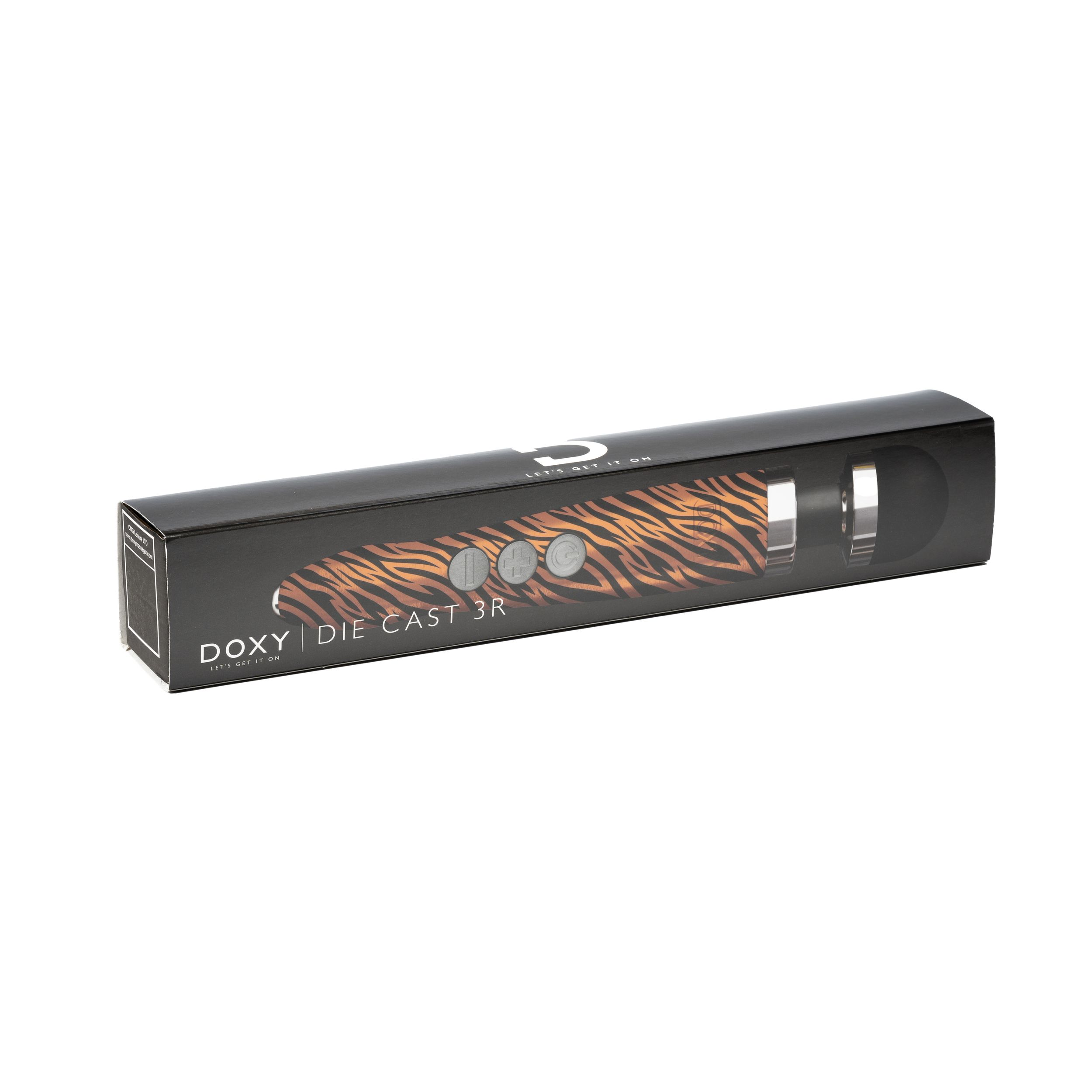Eine schwarze Schachtel mit Tigermuster enthält ein Sexspielzeug. Die Marke ist Doxy.