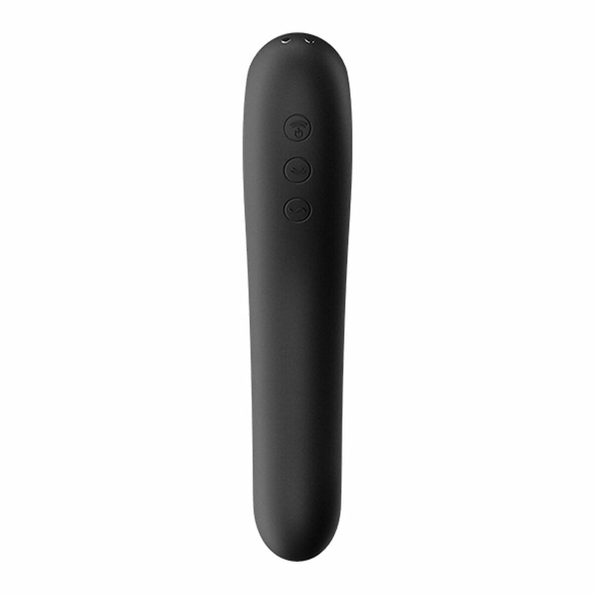 Un juguete sexual negro. Tiene tres botones, una parte superior curvada y una forma lisa y alargada. El fondo es blanco.