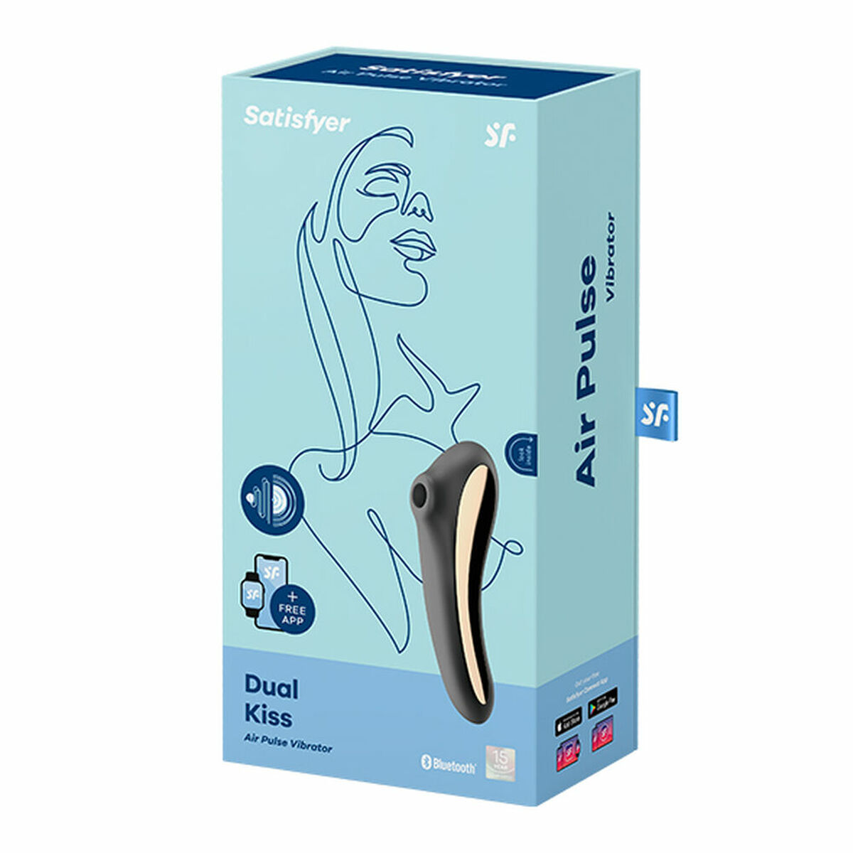 Una caja con un dibujo lineal de una mujer. Dice Satisfyer, Dual Kiss, Air Pulse Vibrator y Air Pulse. La caja tiene un juguete sexual negro.