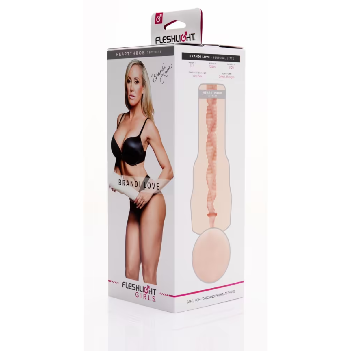 Eine Schachtel mit dem Bild von Brandi Love. Es ist ein Fleshlight-Produkt. Die Schachtel zeigt das Produkt und persönliche Statistiken.