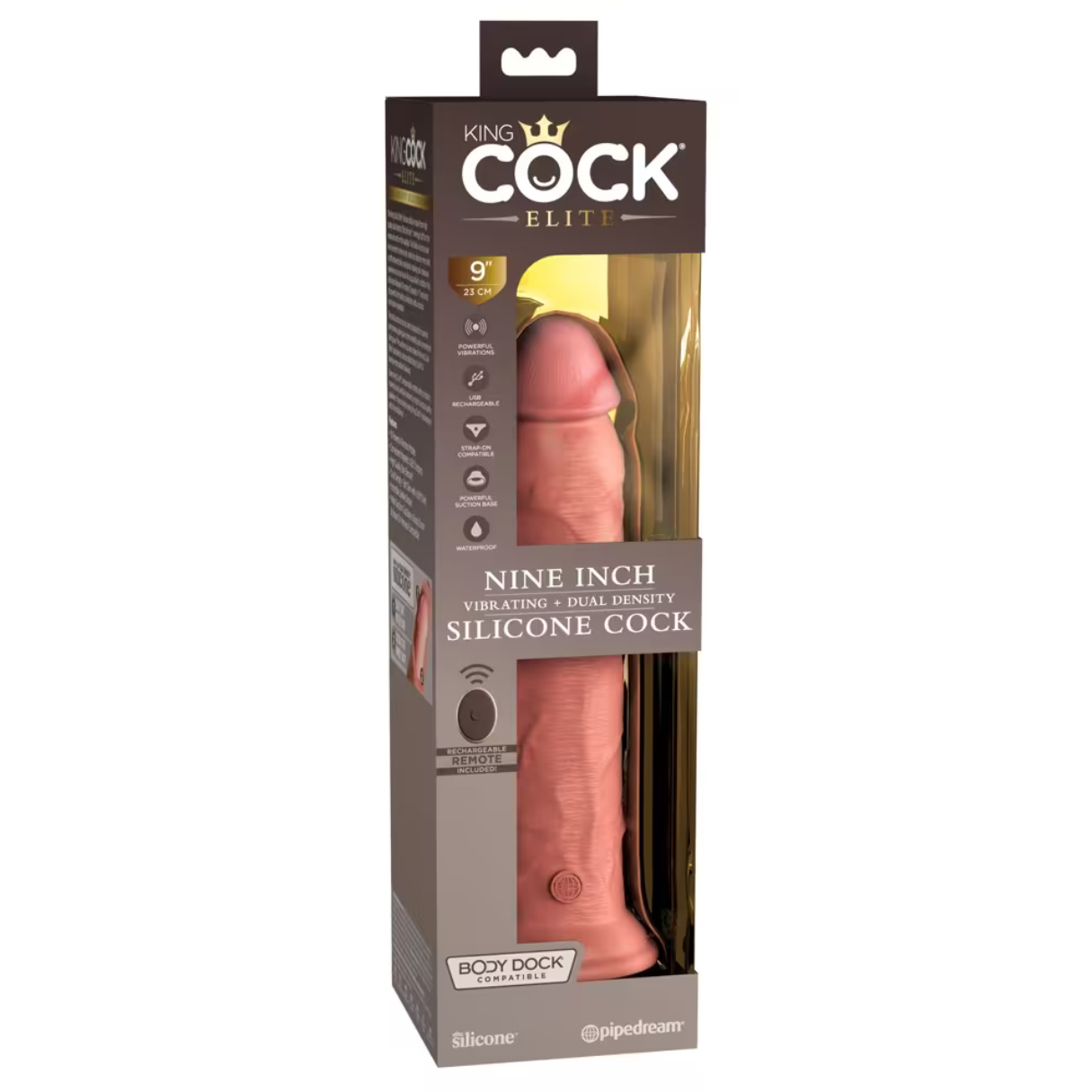 Verpackter pinkfarbener Silikon-Dildo mit der Aufschrift 'King Cock Elite'. Merkmale sind starke Vibrationen, USB-Aufladung, Strap-On-kompatibel und Saugfuß.