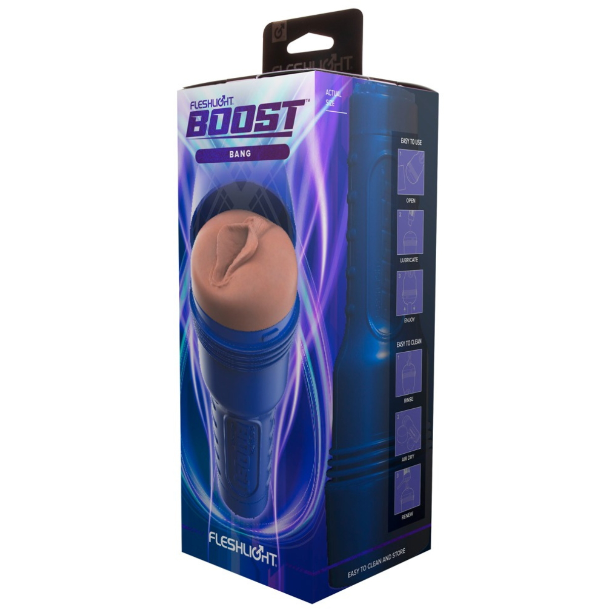 Eine blaue Fleshligh-Box mit dem Namen 'BOOST' und einem fleischfarbenen Sexspielzeug. Anweisungen und Branding sind sichtbar.