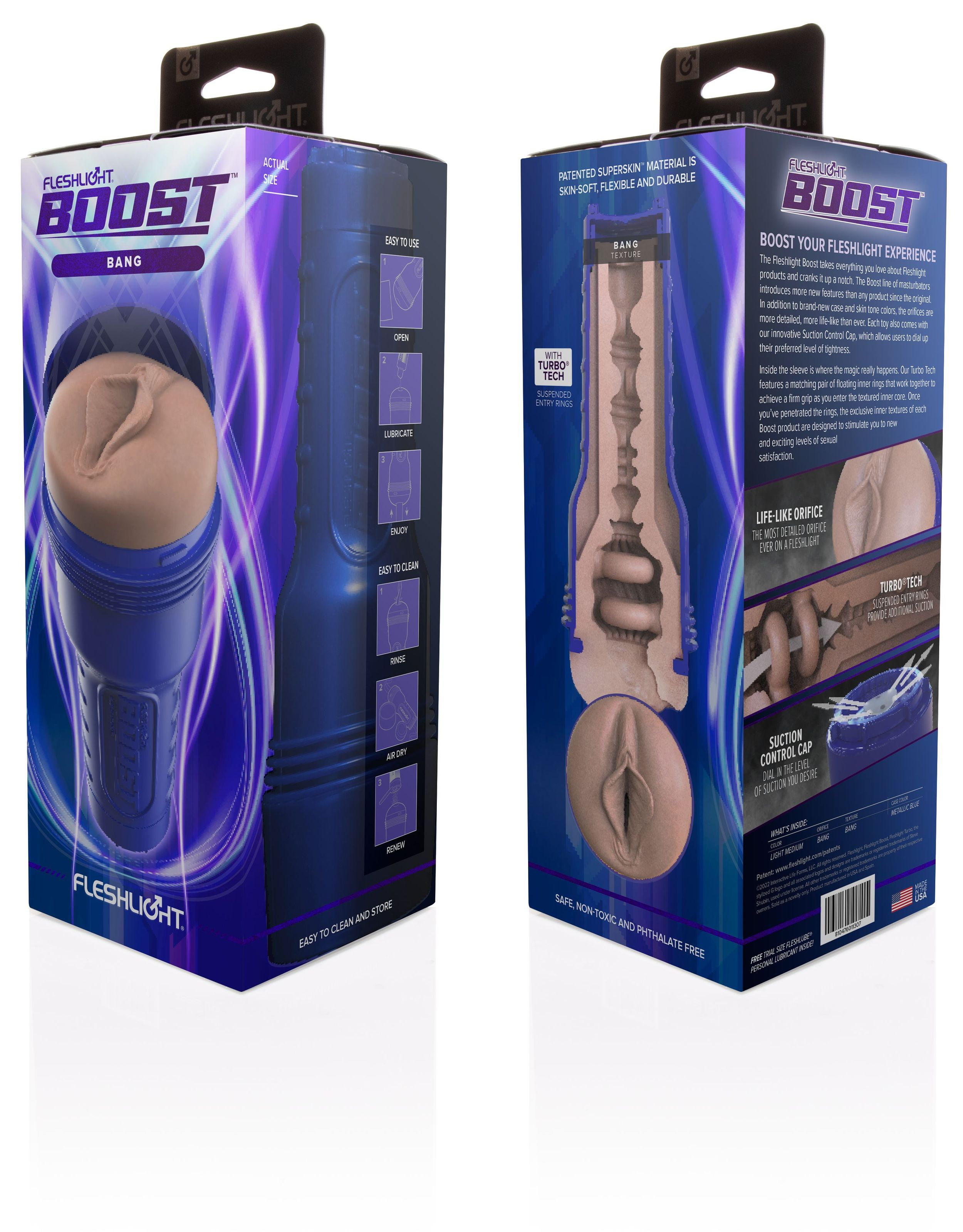 Eine Fleshlight Boost-Box, blau und lila, mit Produktdetails und einem Ausschnitt, der das Innere zeigt.